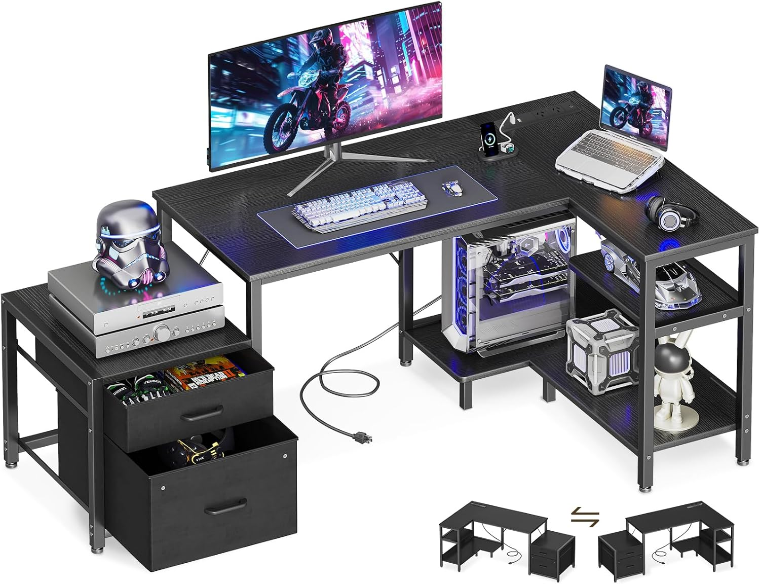 ODK 55Inch L Shaped Computer Desk with Power Outlet & Large File Drawer, Home Office Desk with Reversible Storage Shelves,Corner Desk for Home Office Bedroom Study Work,140 * 80 * 75.7Cm, Black image number 1