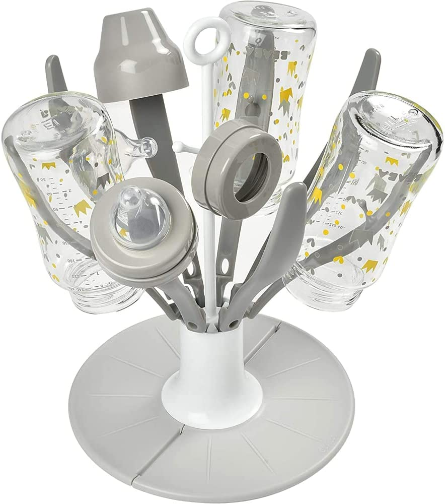 BEABA Foldable Baby Bottle Rack for Drying 8 Bottles and Accessories, Compact and Transportable, Grey