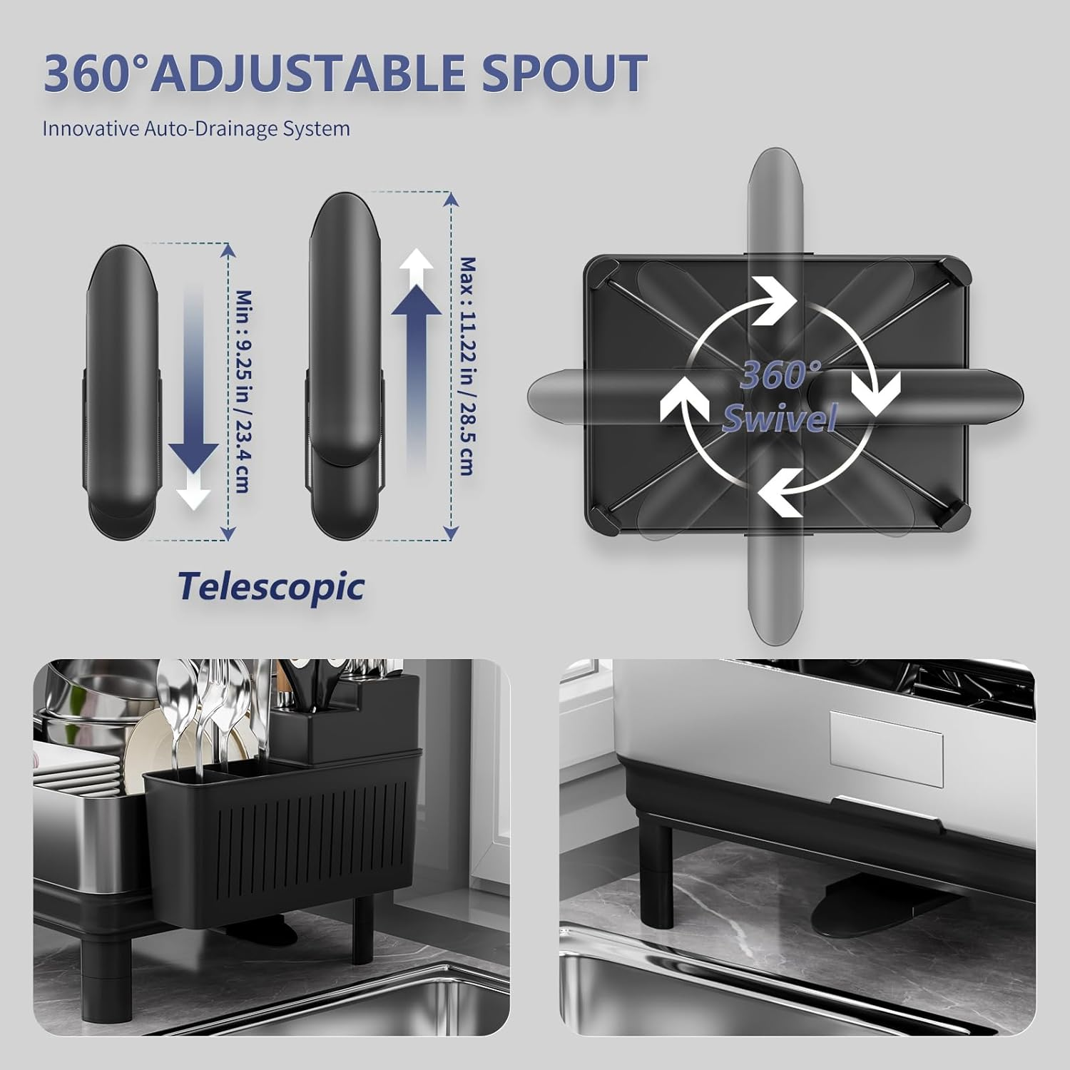 Sandream 2 Tier Dish Drying Rack, 304 Stainless Steel Dish Rack for Kitchen Counter, Large Dish Drainer with 360&deg;Rotatable Drain Spout & Utensil Holder & Cups Holder, Dish Rack with Draining Tray image number 3