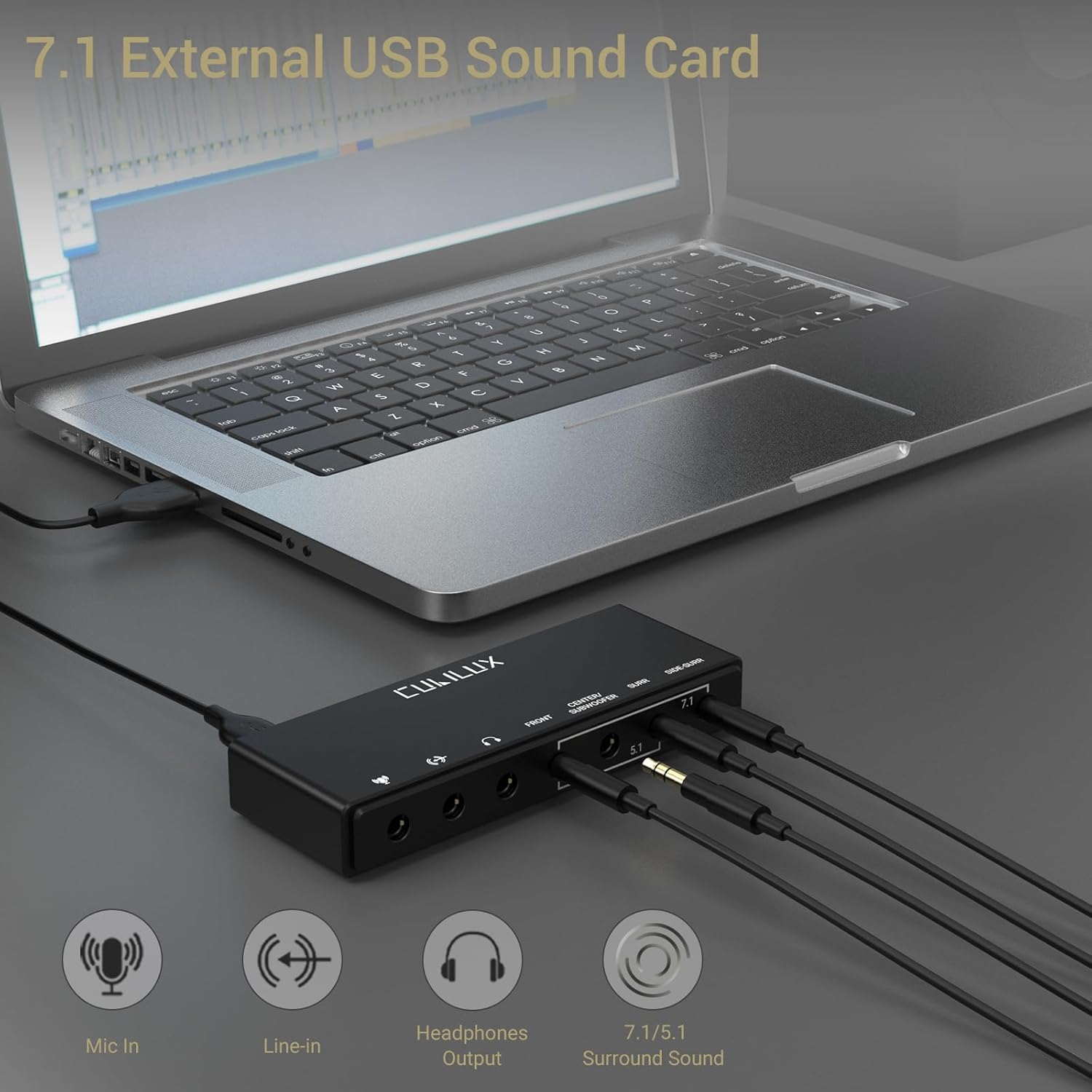 Cubilux 7.1 USB Surround Sound Card- 48Khz-384Khz Sample Rate for Headphones, Full Aluminum Alloy USB a External Sound Card for Laptop Pc-Supports Line-In & Stereo Mic In image number 2