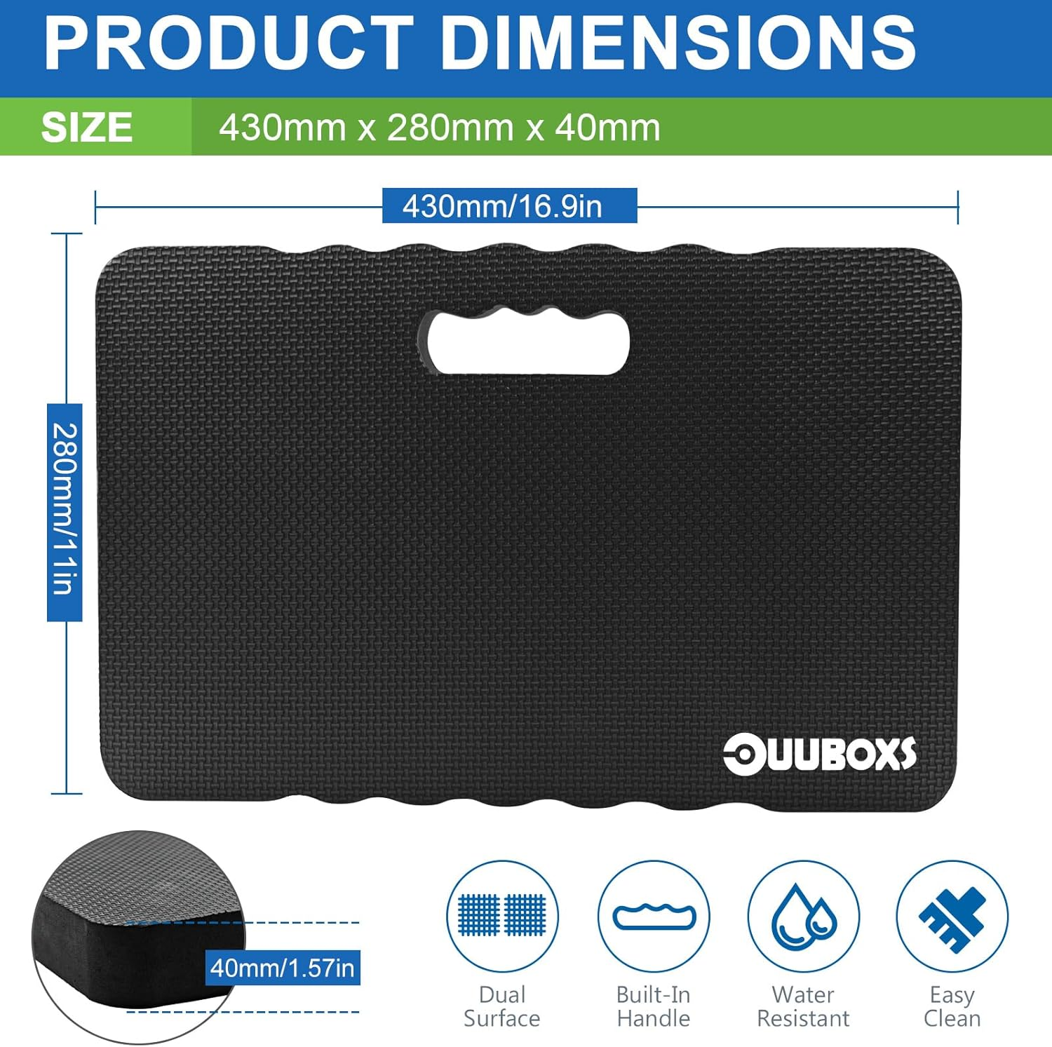 UUBOXS Premium Thick Kneeling Pad, Extra Soft Foam Garden Kneeling Mat, Comfort Kneeler Cushion for Gardening, Yard Work, Exercise, Baby Bath, 17.5 X 11 X 1.5 Inch, Black image number 1