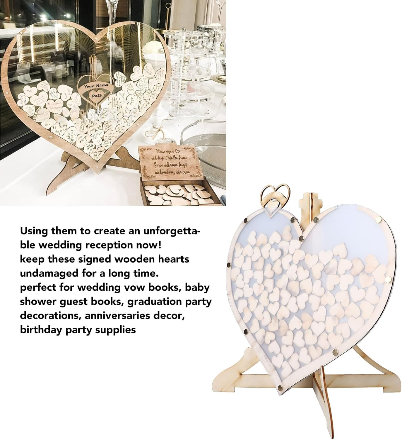 Unique Wooden Visits Book Guest Registration Design Romantic Hearts for the Ceremony Reception Weddings, Pine Wood, Acrylic image number 4