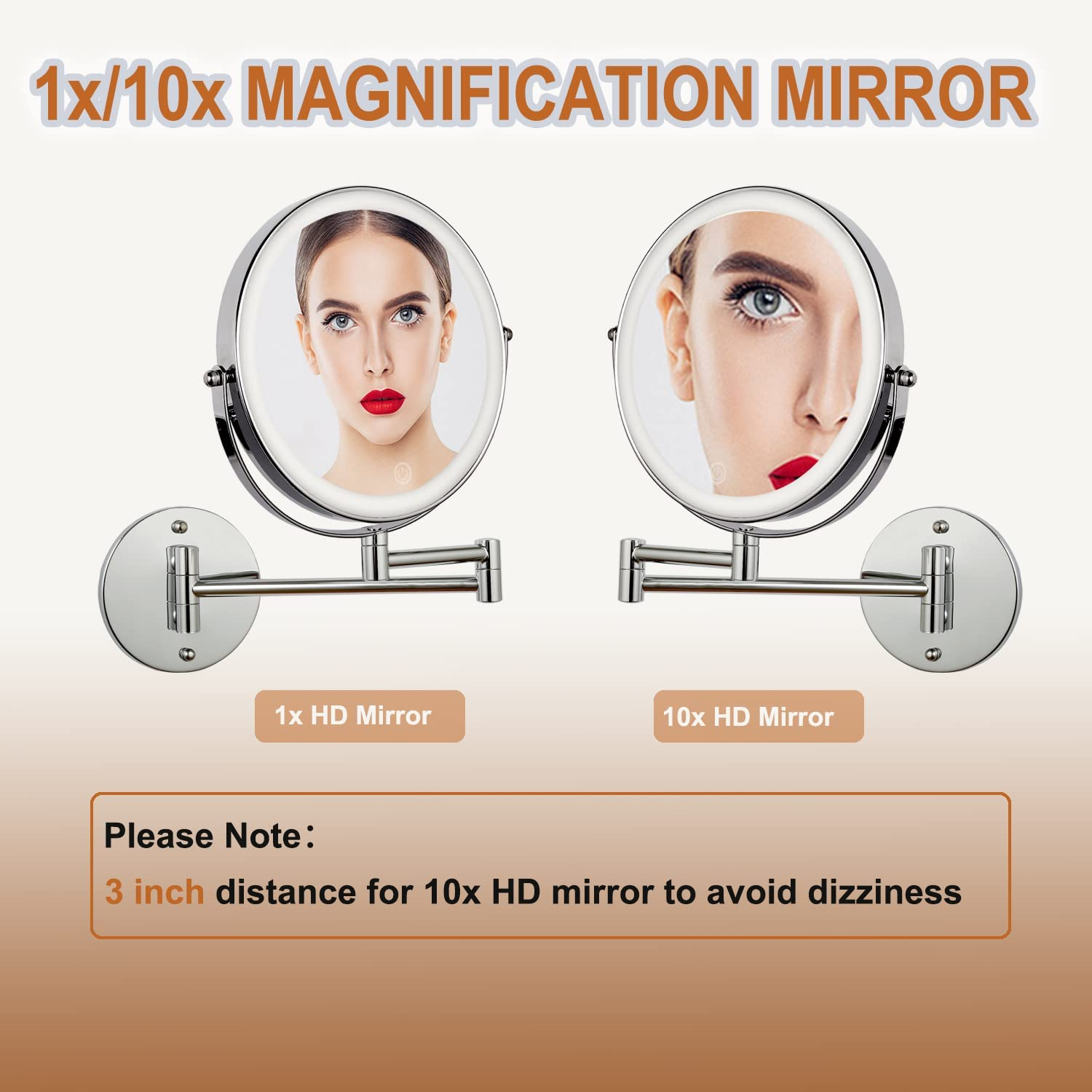 Rechargeable 8 Inch Lighted Wall Magnifying Makeup Mirror with 3 Color Lighting Modes Magnified Double Sided 10X Magnification LED Vanity Mirror with Dimmable Lights image number 2