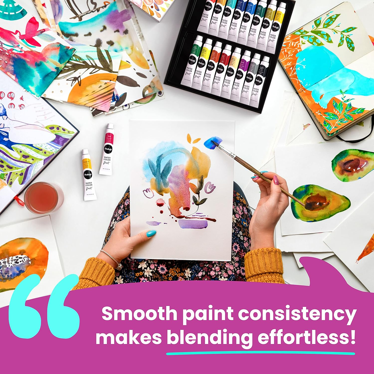 Chalkola Watercolor Paint Set for Adults, Kids, Beginner & Professional Artists - 36 Watercolor Tubes Set (12Ml, 0.4Oz), 10 Painting Brushes & 1 Palette | Vibrant Water Color Art Painting Supplies