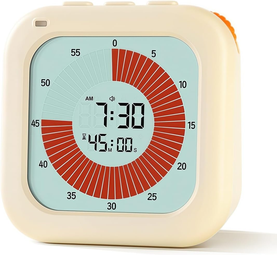 Visual Timer for Kids, 60-Minute Countdown Timer with LCD Display, Pomodoro Timer for Kitchen,Working,Classroom, Timer with Silent Mode for Autism/Adhd (White)