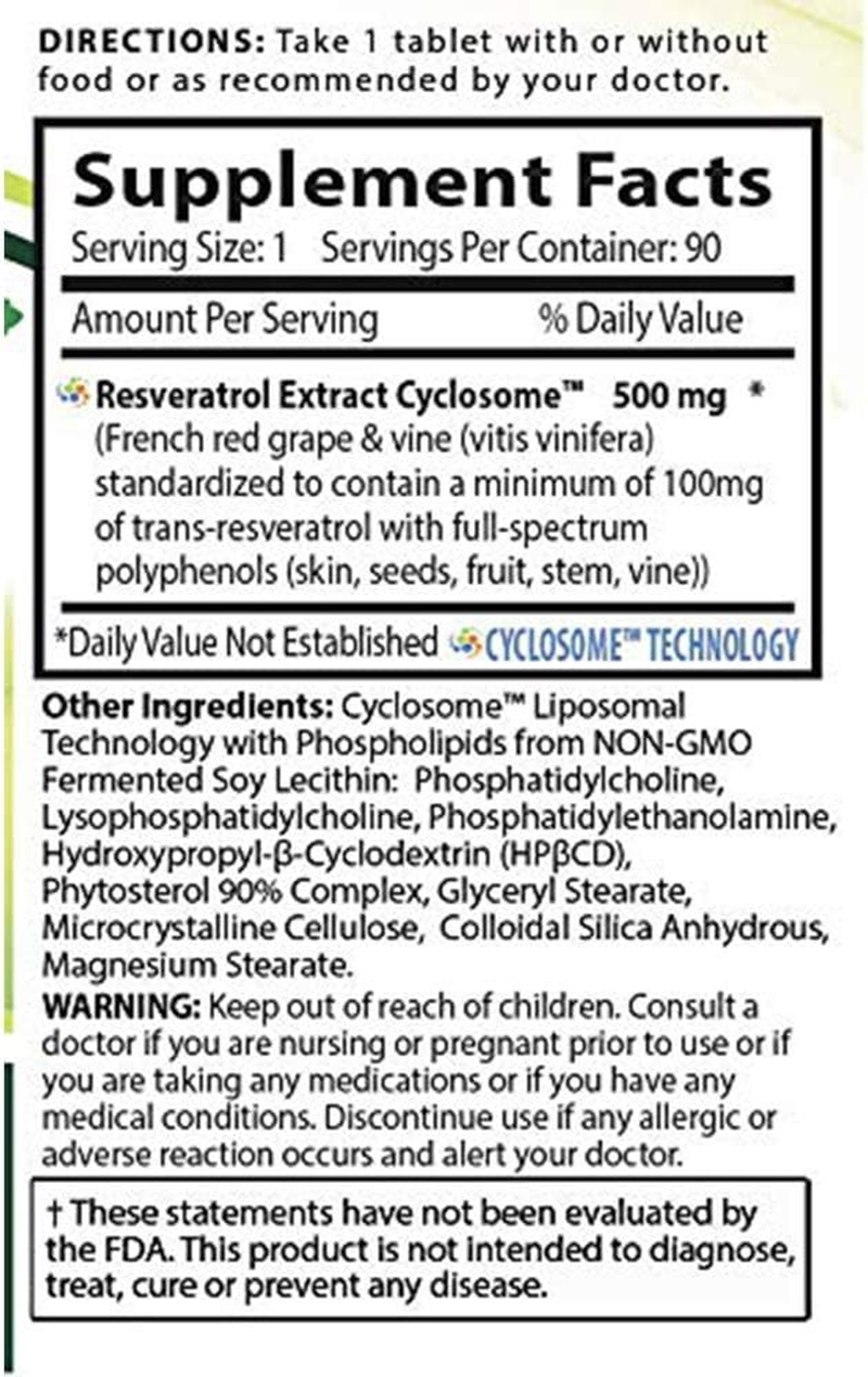 Liposomal Resveratrol | 500Mg per Pill | Full-Spectrum Trans-Resveratrol | Maximum Absorption Formula | 3 Month Supply | Non-Gmo | Gluten-Free | Vegetarian | Lab Certified | USA