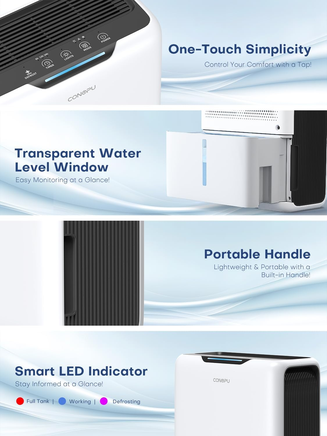 Dehumidifier 3000ML, Home Mould Dehumidifier for 20㎡, Sleep Mode 30 Db, Timer 6-24H, Automatic Defrost, 1.3 Kwh, Portable Dehumidifier for Bedroom, Bathroom, Kitchen image number 6