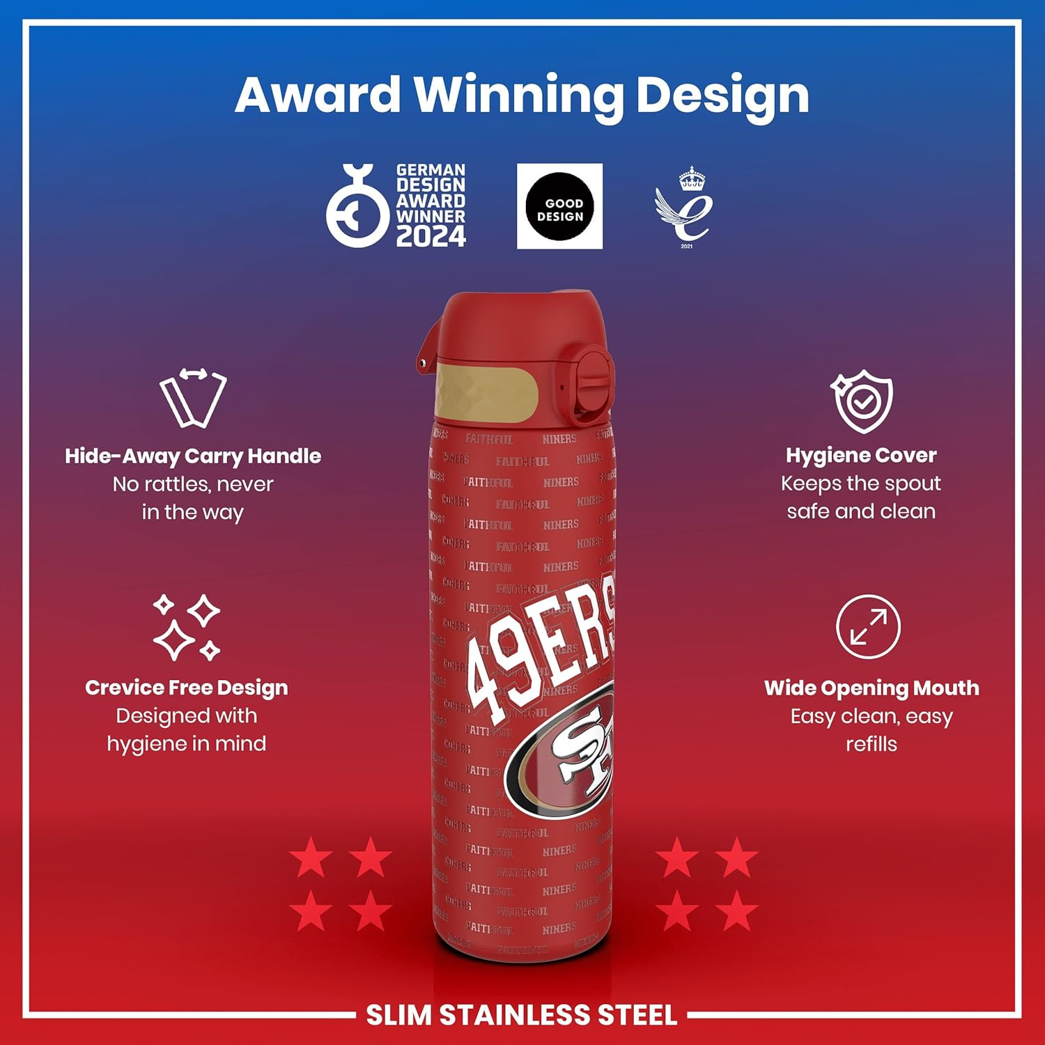 Ion8 NFL 49Ers Lightweight Steel Water Bottle, 600 Ml/20 Oz, Non-Insulated, Leak Proof, Easy to Open, Secure Lock, Dishwasher Safe, Flip Cover, Fits Cup Holders, Metal Water Bottle image number 5