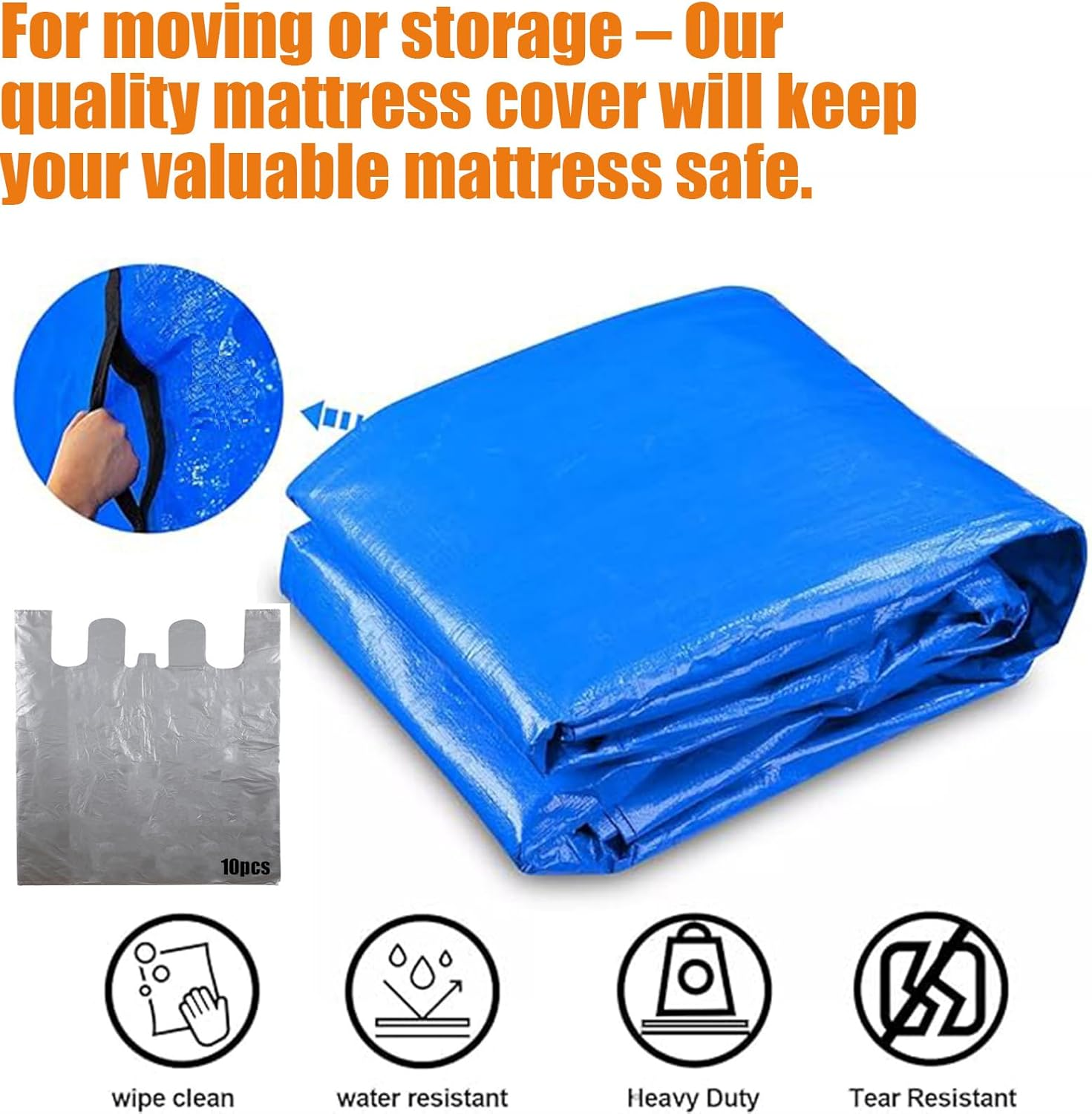 Mattress Bags for Moving, Sleep Surface Protector Waterproof Sleep Surface Cover King Size Storage Bags,Bedding Cover for Moving with Reinforced Handles and Zipper Closure (208X160X38Cm)