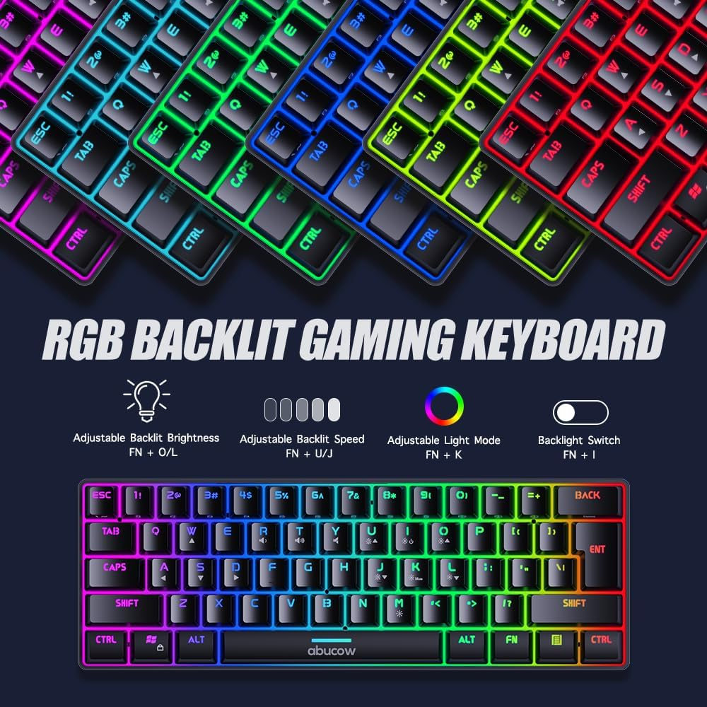 Abucow Gaming Keyboard Minimalist Portable Wired Ultra-Compact Mini Imitation 61 Keys RGB Backlit Keyboard (Black) image number 2