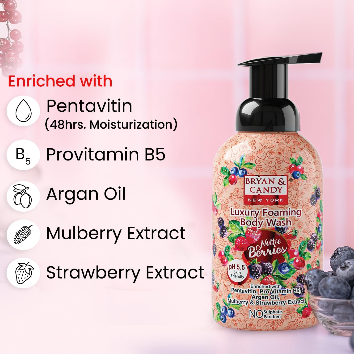 Bryan & Candy Nottie Berries Luxury Foaming Body Wash with Pentavitin, Pro Vit B5, Argan Oil, Mulberry & Strawberry Extract, Skin Friendly Ph 5.5, All Skin Types, 400 Ml image number 5