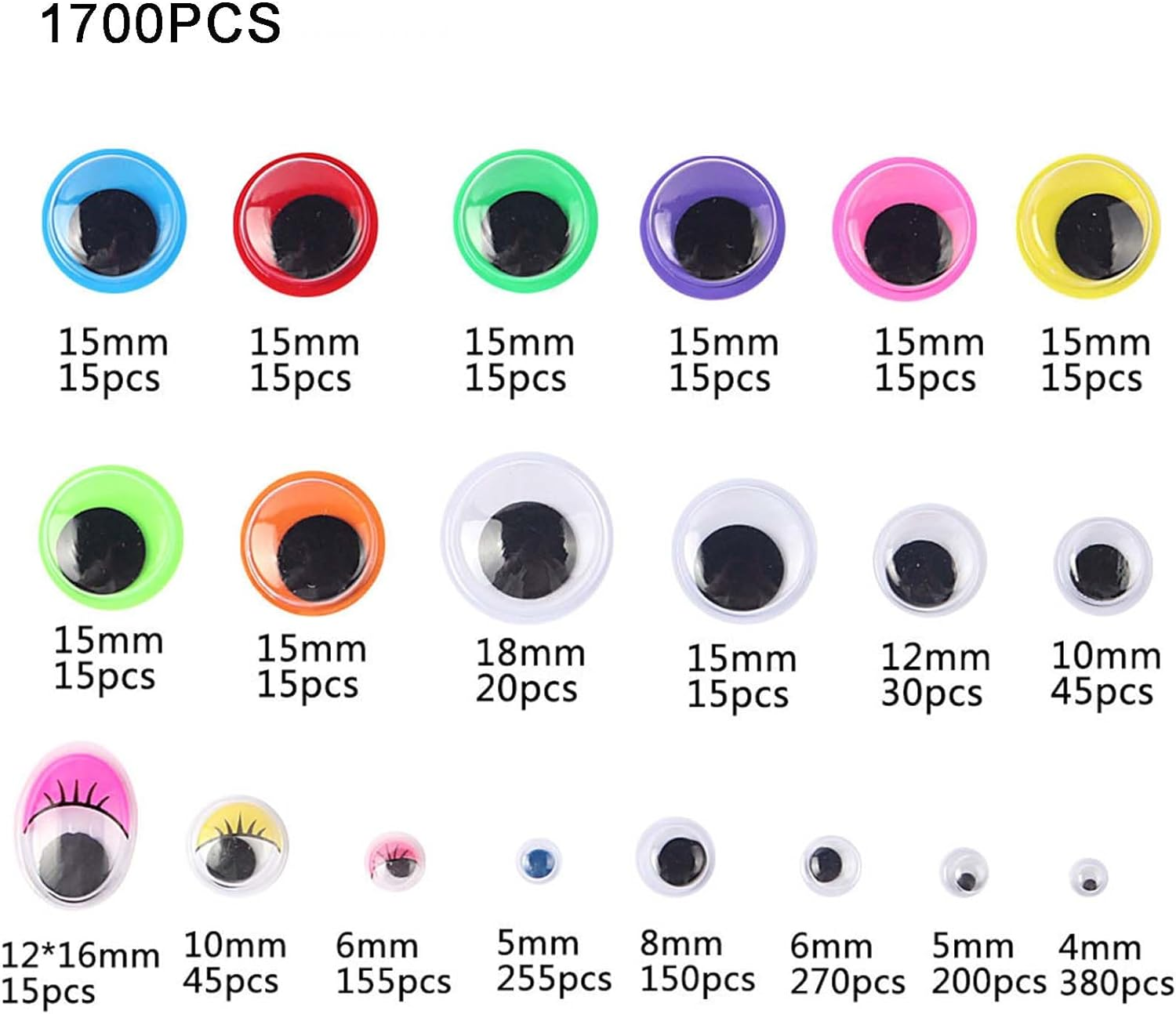 YBAONAN 1700Pcs Googly Eyes Self Adhesive，4-25Mm Googly Eyes for Crafts，Multiple Sizes and Colors Googly Eys for DIY Handicrafts image number 2