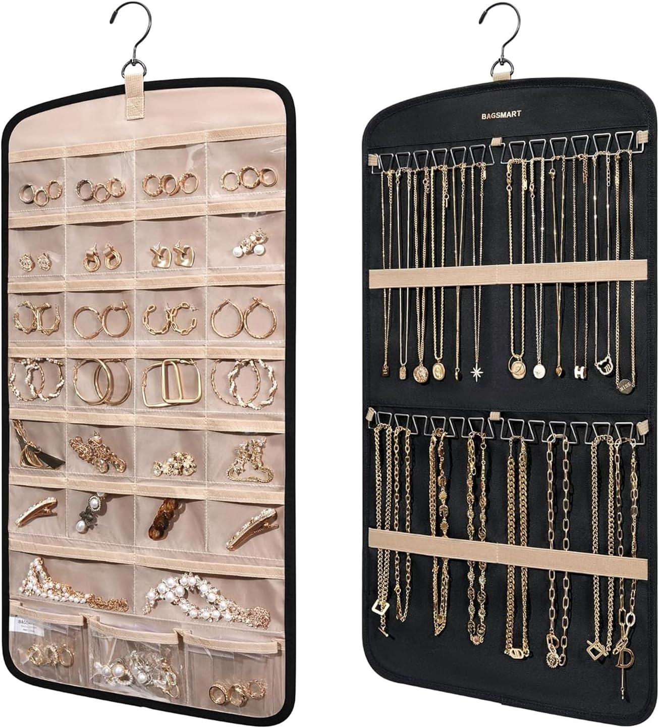 Hanging Jewelry Organizer with Rotating Metal Hook, 20 Pockets Earring Holder Organizer, Necklace Holder Anti-Tangle Earrings Rings Hanger, Double-Sided Jewelry Holder for Earrings Necklaces Ring (BK)
