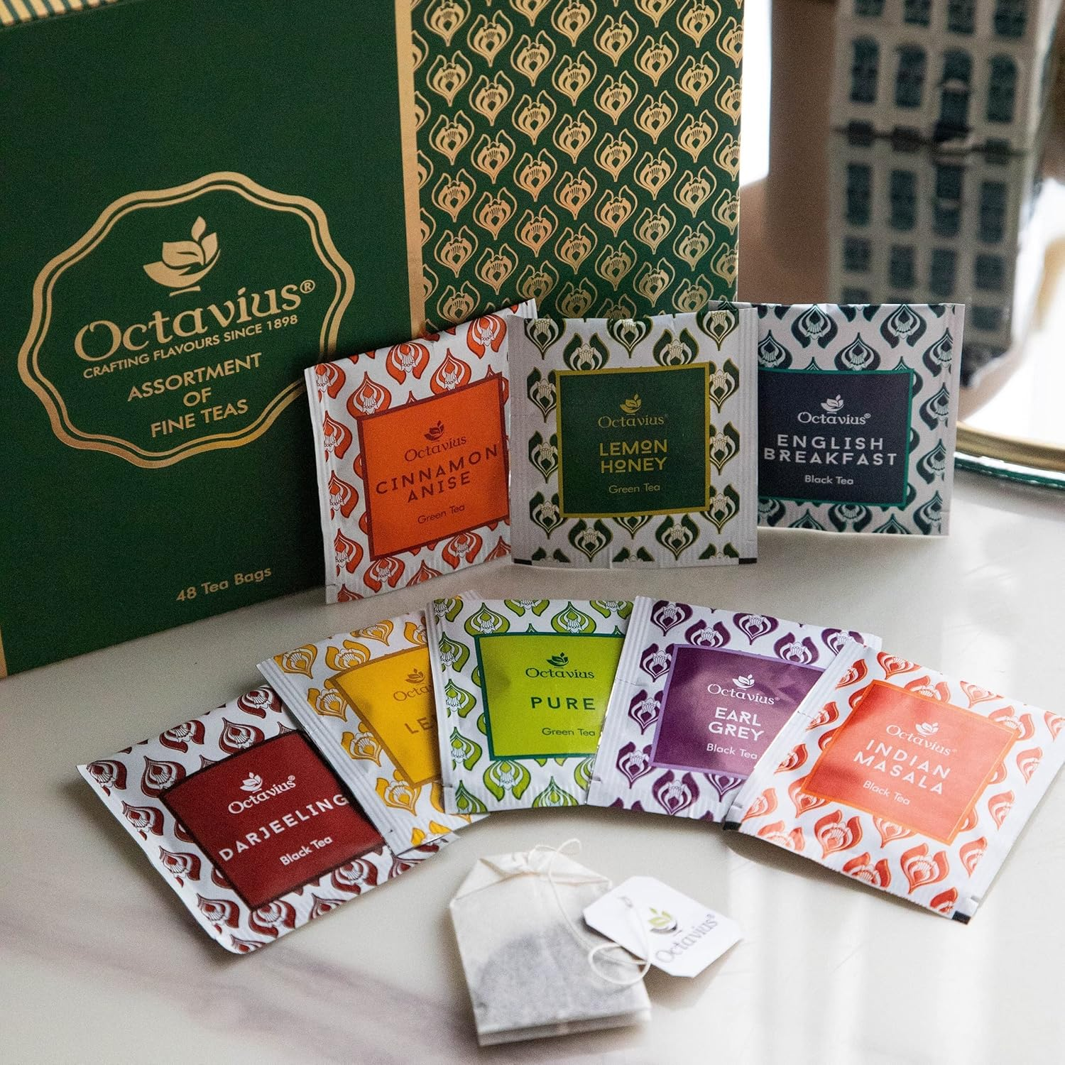 Octavius, Assorted Tea Sampler Gift Set (8 Flavors, 48 Tea Bags) | Black & Green Tea Sampler Pack | Tea Gift Set | Pack of 1