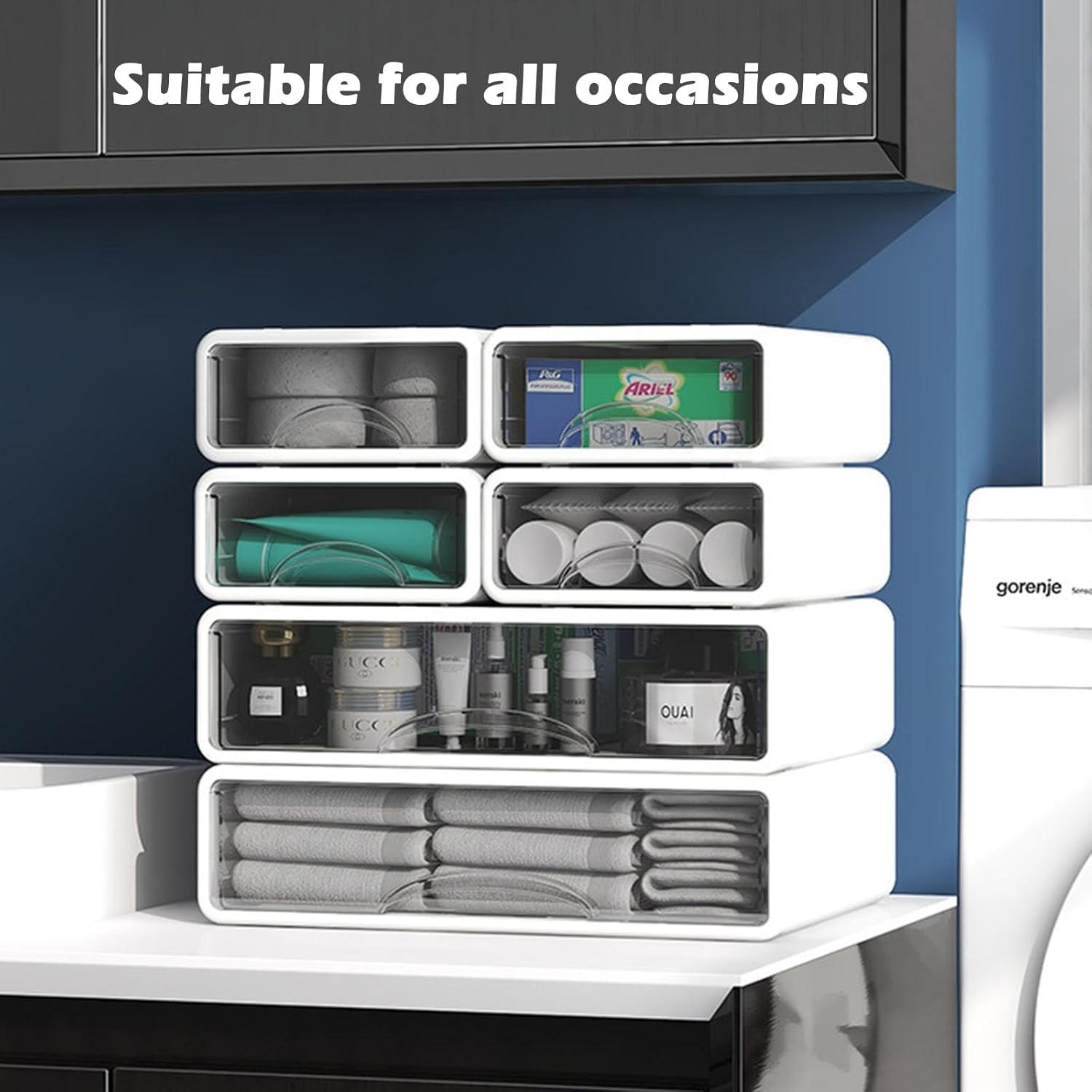 UPAUS Stackable Desk Storage Drawers, 4PCS Vanity Drawer Makeup Container, Versatile Storage Case Desktop Jewelry Cabinet, Plastic Desk Organizer for Office, Home, Bathroom (Small) image number 6