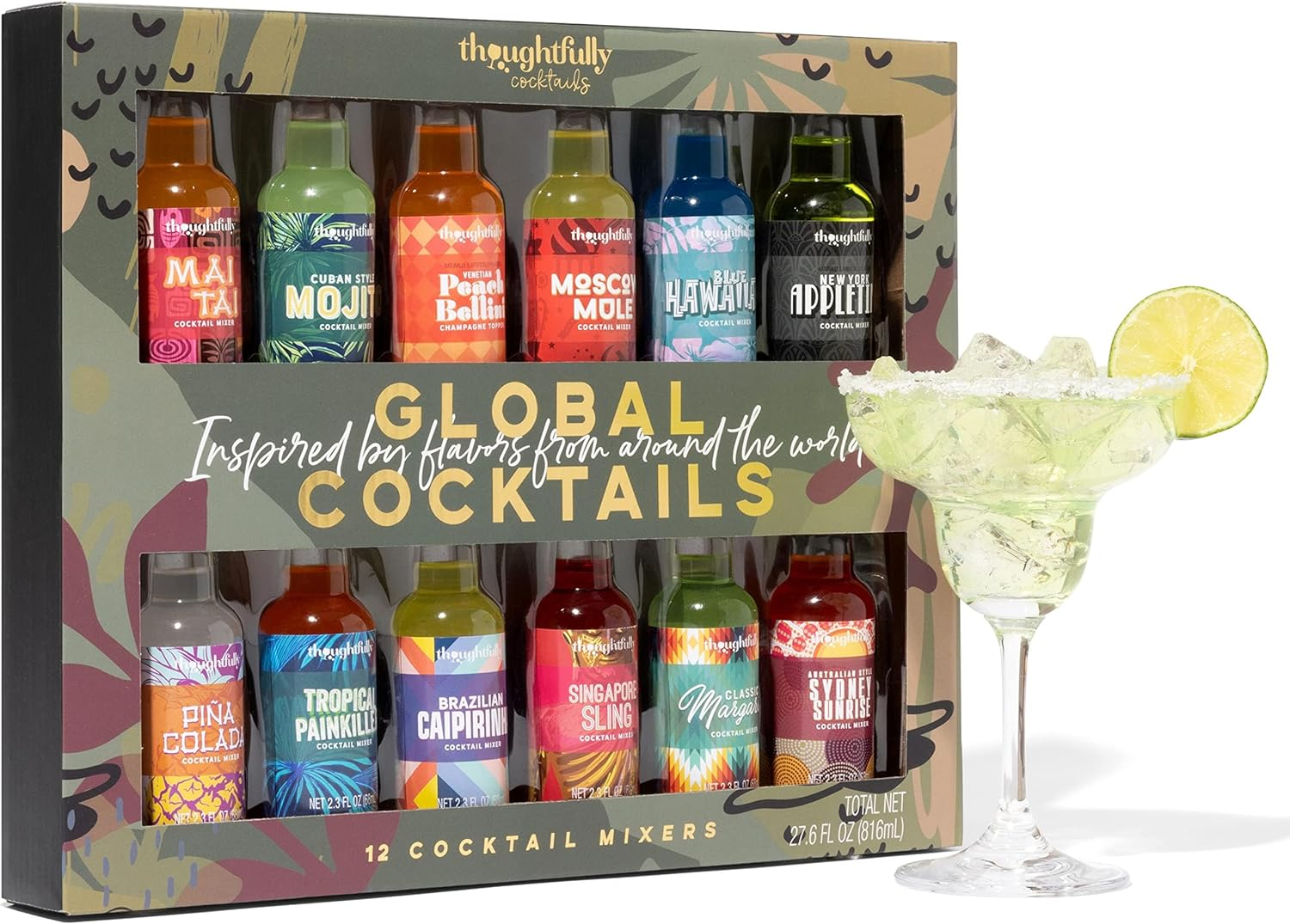 Thoughtfully Cocktails, Global Cocktail Mixers, Flavours Include Classic Margarita, Cuban Style Mojito, New York Appletini, Pina Colada, Blue Hawaiian, and More Set of 12 (Contains NO Alcohol)