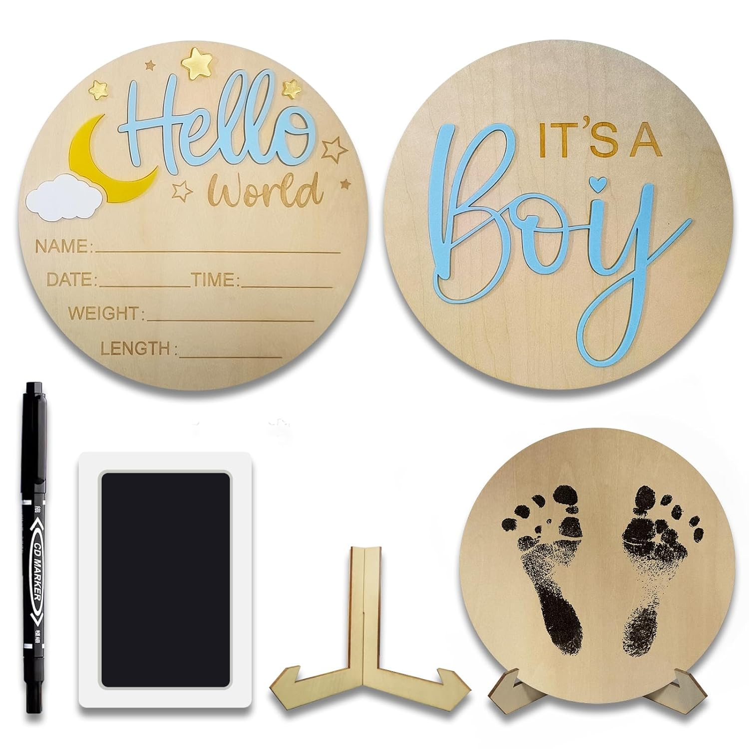 2Pcs Baby Announcement Sign Set, 5.9 Inch Hello World Newborn Sign and IT&rsquo;S a Boy Welcome Signs, Baby Name Sign with Ink Pad for Hand & Footprints, 3D Wooden Birth Gifts for Hospital Shower Nursery image number 3