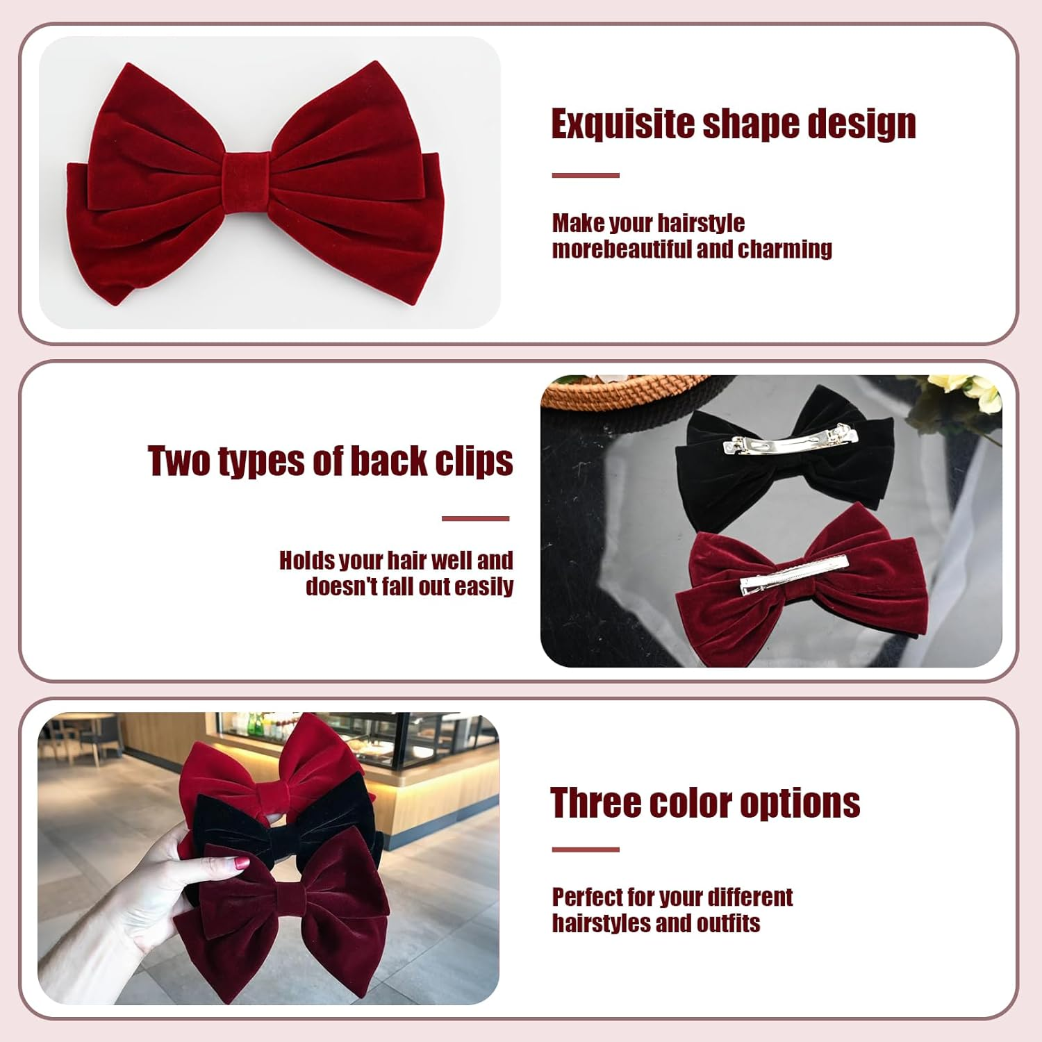 3 Pieces Velvet Bow Hair Clips, Vintage Hair Bows Barrettes Solid Color, Velvet Ribbon Bowknot French Barrettes Hair Accessorieshair Styling Clips for Girls Women (Red, Burgundy, Black) image number 6