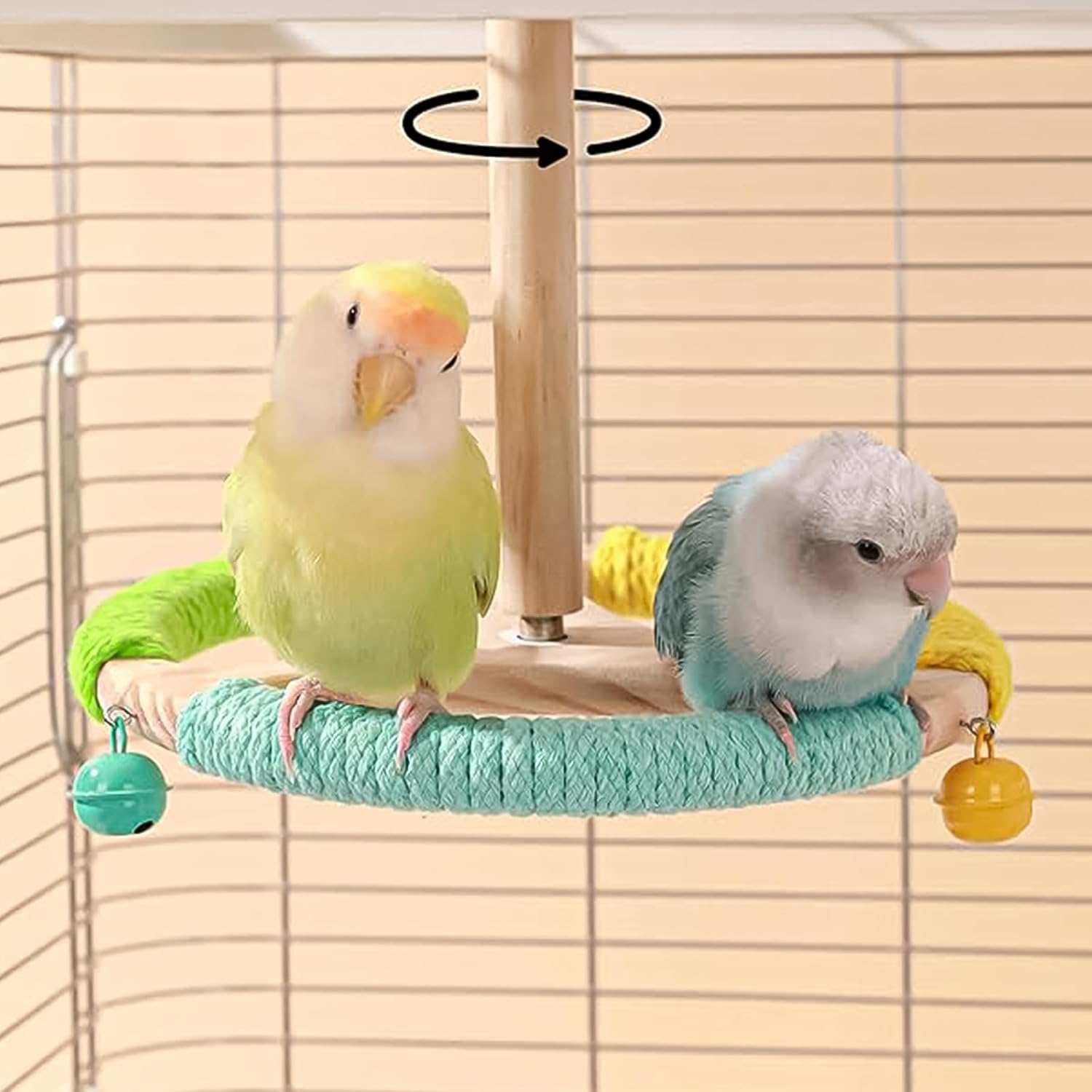 MLKLDOU Bird Stand Perch Toy with Bells, Interactive Spinning Parakeet Toys 360&deg; Wooden Parrot Stand Toys, Bird Cage Accessories for Budgies, Cockatiels, Parrots, Lovebirds image number 3