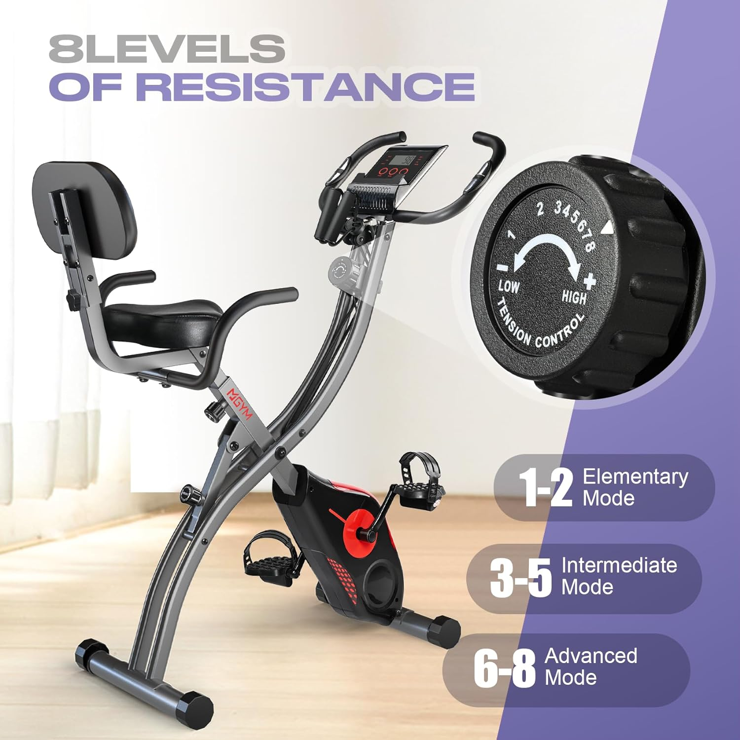 Multifunctional Magnetic Exercise Bike : Ultra-Quiet, Foldable, 8-Level Resistance [Includes Resistance Bands, Heart Rate,Lcd Monitor, Ipad Mount] Good for Home Cardio Training (Red&Black) image number 2