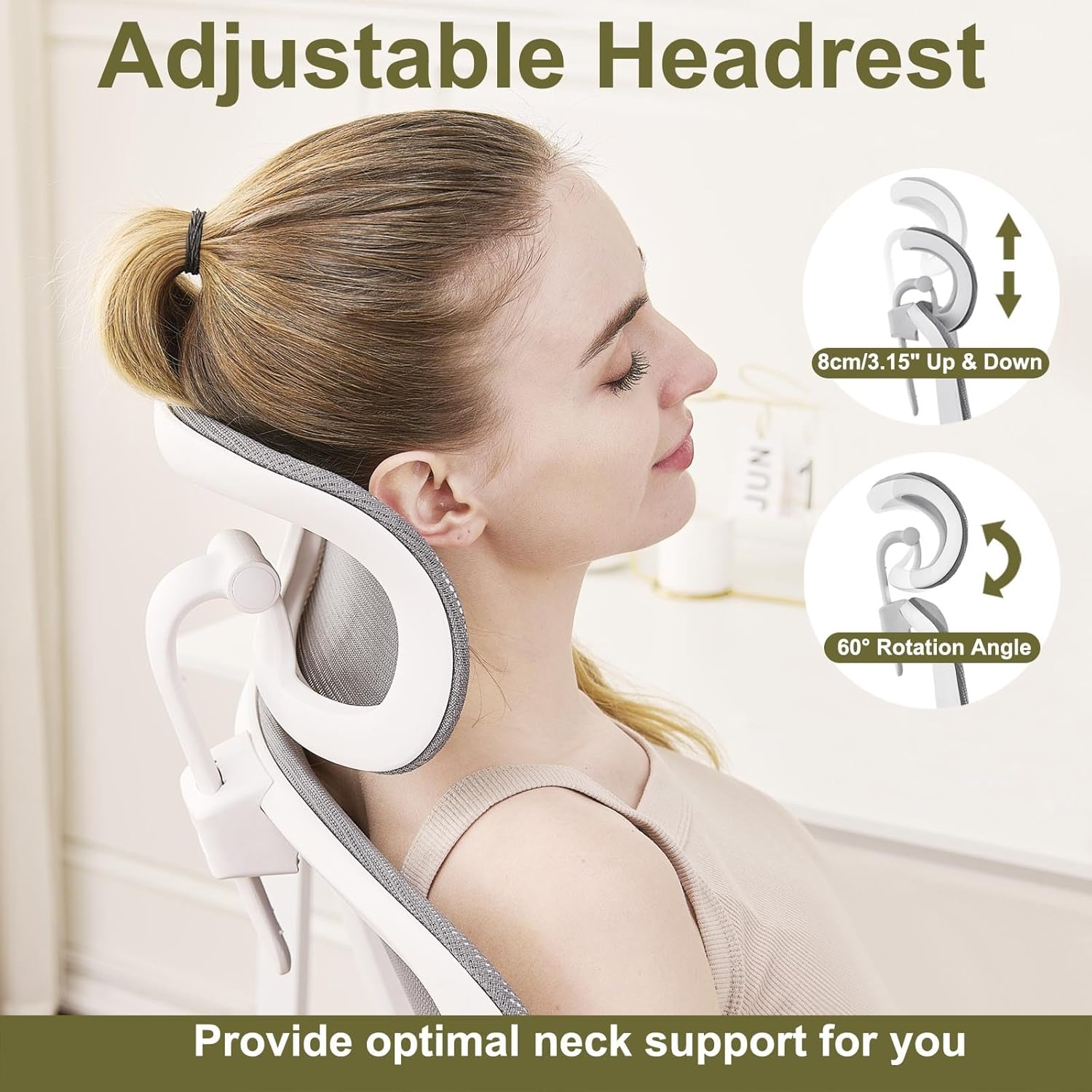 TONFARY Ergonomic Home Office Chair, High Back Mesh Desk Chair with Adjustable Lumbar Support, Flip-Up Armrest, Removable Headrest, Swivel Computer Gaming Chair, Space Saving, 150KG (White+Grey) - Black image number 5