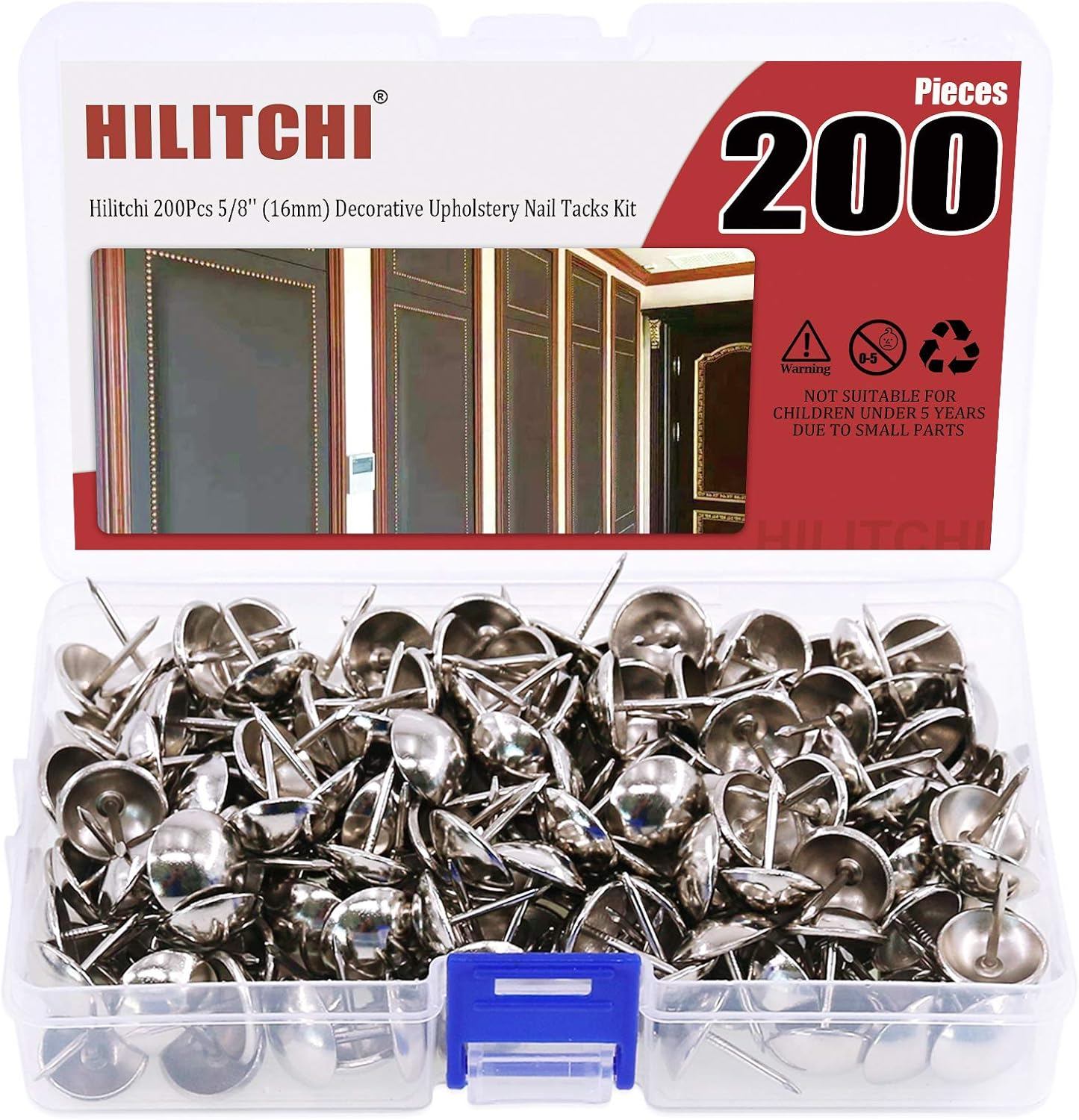 Hilitchi 200 Pieces 5/8'' (16Mm) round Dome Head Vintage Decorative Upholstery Nails Tacks Furniture Sofa Thumb Tacks Nails Pins with Clear Plastic Case (Silver)
