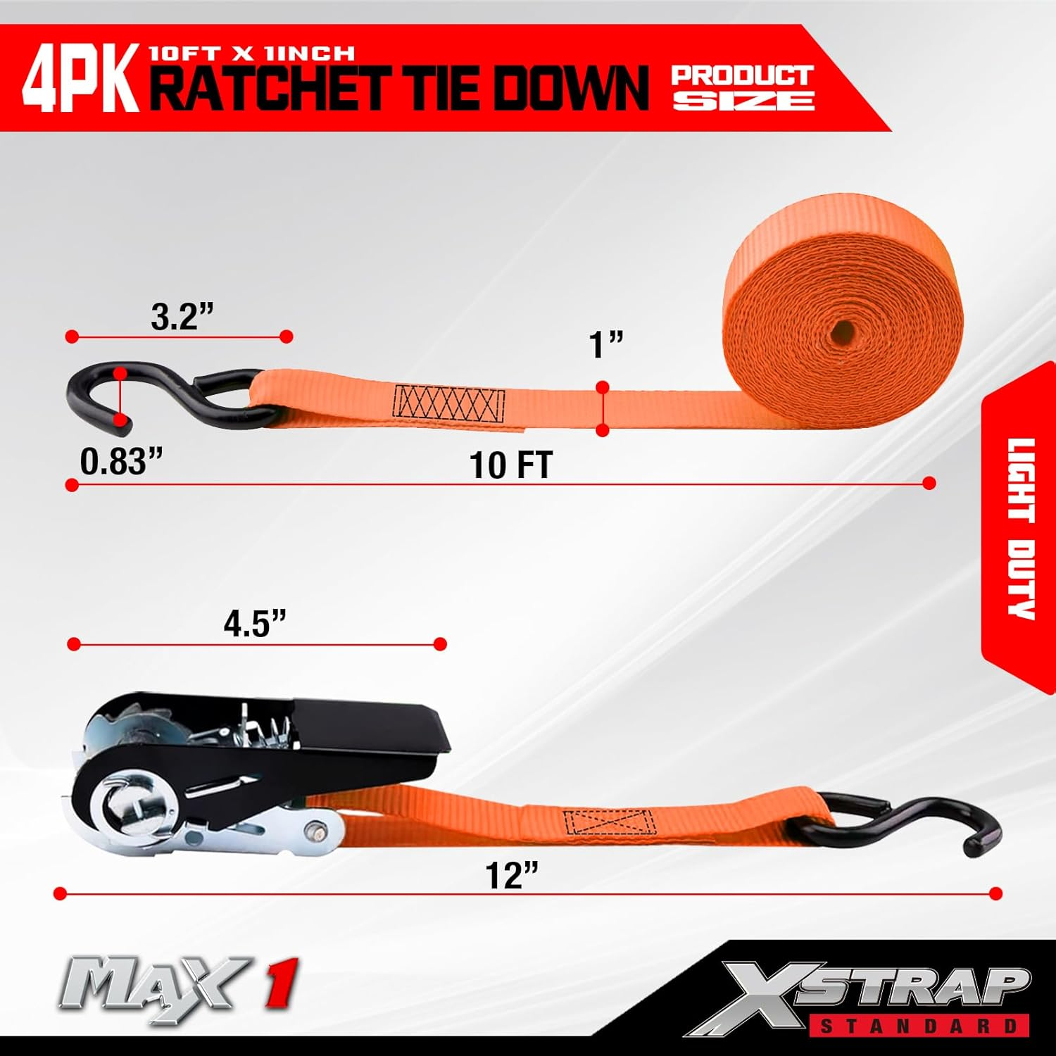 XSTRAP Standard Ratchet Tie down Straps 4PK 10 Ft- 300 Lbs Load Cap- 900 Lbs Break Strength-Cargo Straps for Moving Appliances, Lawn Equipment, Motorcycle Orange image number 6