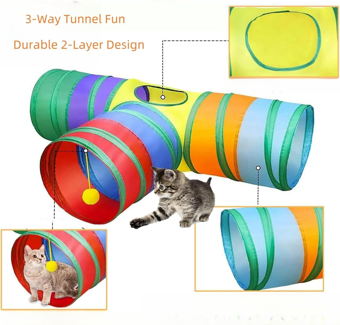 27 Pcs Cat Toys Set for Indoor Cats, Assorted Small Animal Toys with 3-Way Double-Layer Durable Cat Tunnel, Feather Teaser Wand, Fluffy Mice, Crinkle Balls, and More, Safe and Fun Interactive Toy Kit image number 5