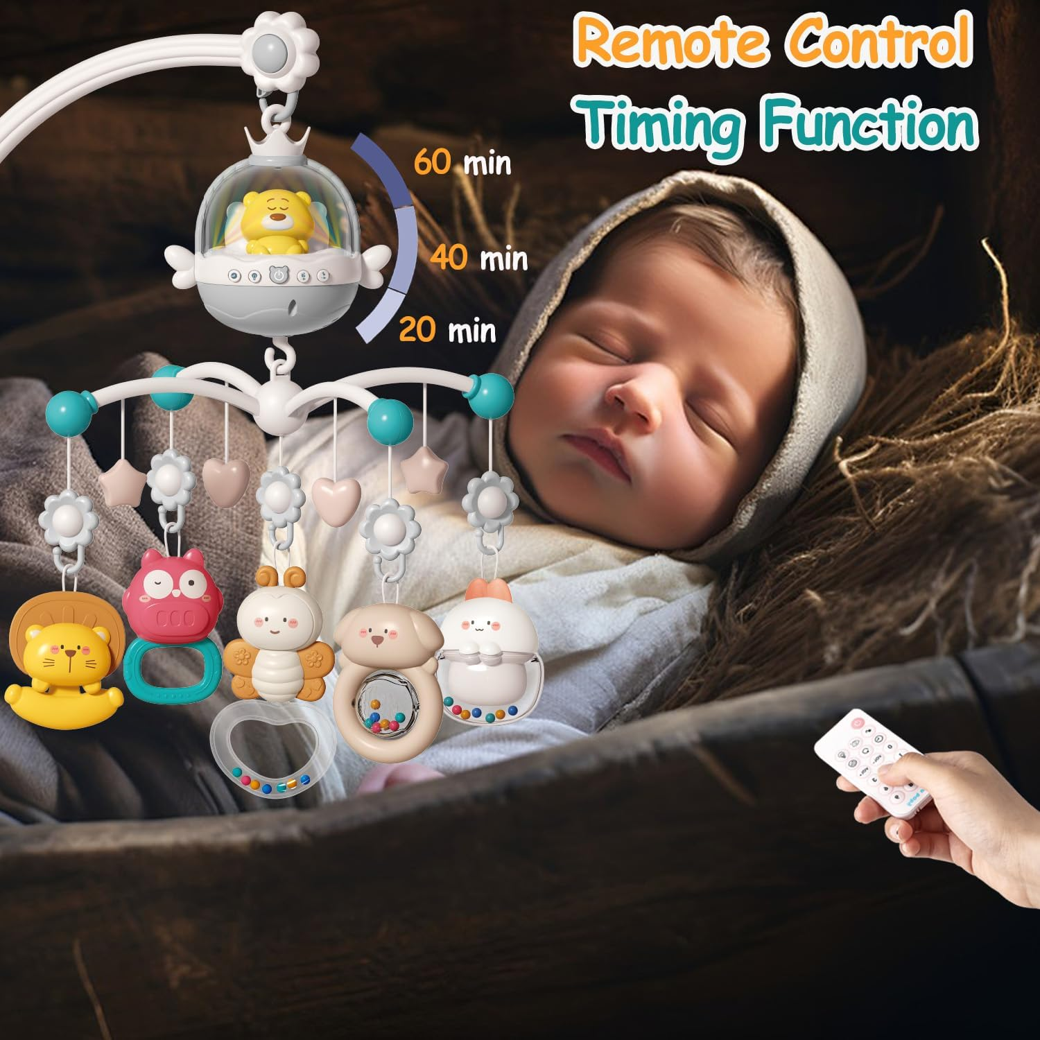 Baby Crib Mobile with Music and Light, Projector Function ＆ Remote Control, Musical Nursery Hanging Mobile for Infants Newborn Gift 0-12 Months, Babies Bassinet Mobile Clip On image number 6