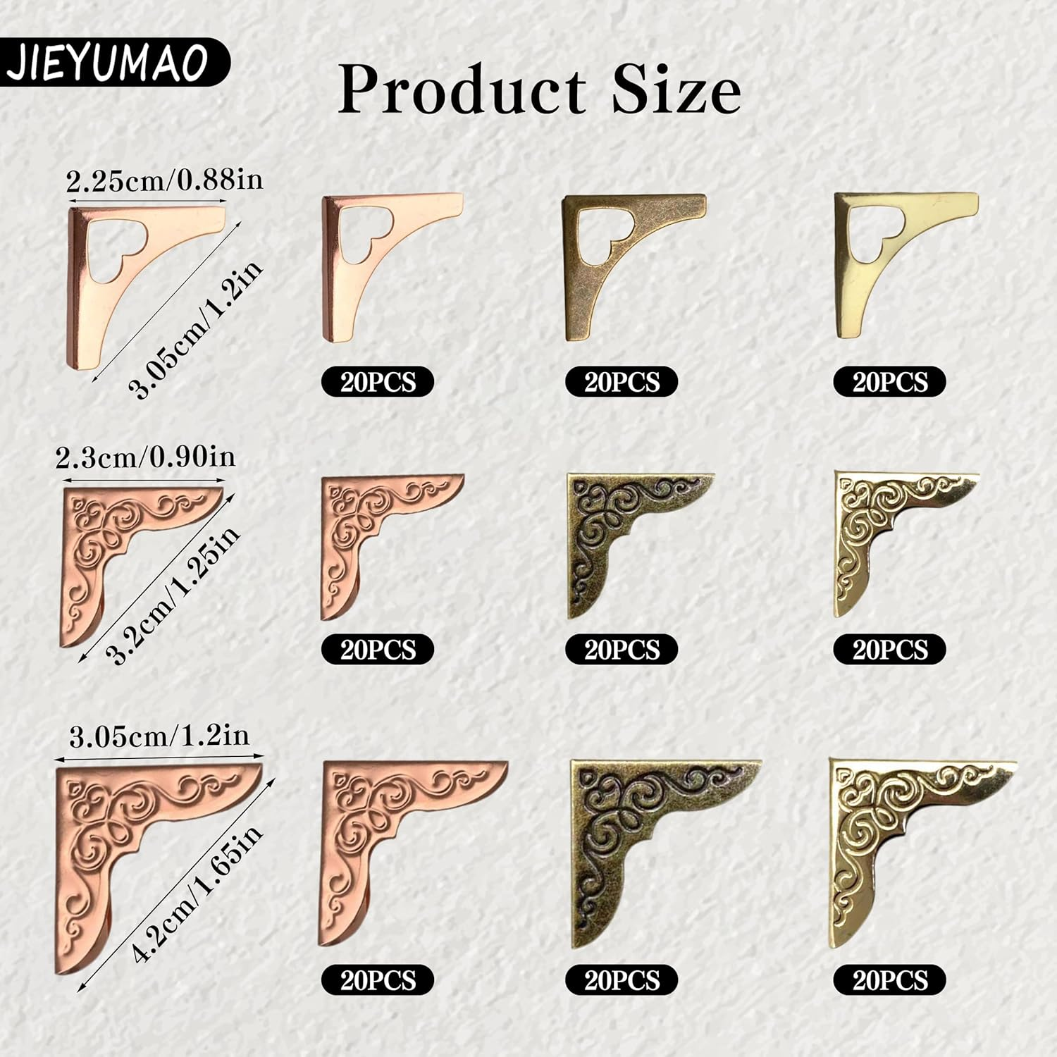 180Pcs Metal Book Corner Protector, 3 Colors Iron Guard Edge Cover for Decoration, Vintage Metal Book Corner Triangle Carved Decorative Triangle Photo Corners for Scrapbooks Notebook Album image number 2