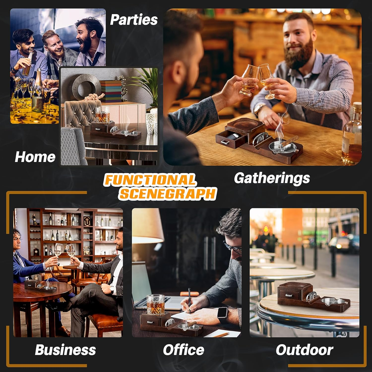 Grovind Cigar Ashtrays, Whiskey Glass Tray and Wooden Ash Tray Detachable Outdoor Ashtray for Cigarettes, Gift Set with Cigar Cutter, Great Decor for Home Office Gifts for Men