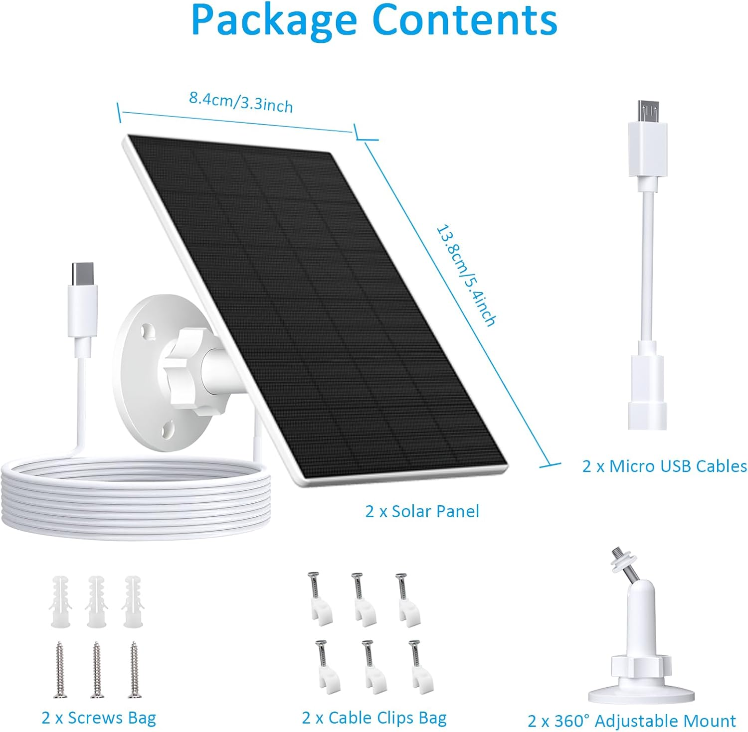 VUEBEE 2W Solar Panel for Security Camera Outdoor, USB/USB-C Charger with IP65 Waterproof, 360&deg; Adjustable Mount & 7.2Ft Cable, Compatible with Rechargeable Battery Cameras (2 Pack, White)