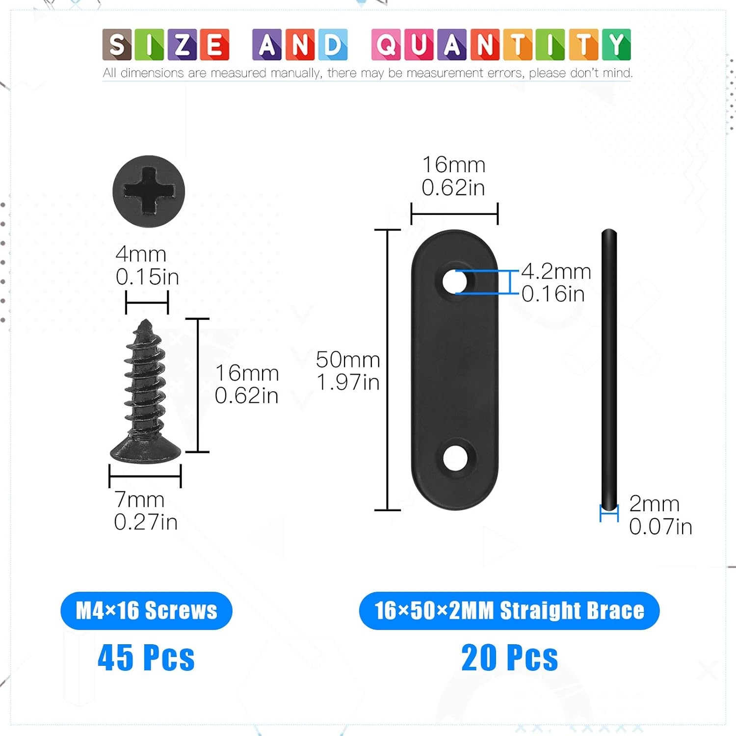 Glarks 20 Sets 50Mm Flat Straight Corner Brace Black Metal Joint Plate Connector Repair Fixing Bracket with 45Pcs Screws for Wood Furniture (50X2Mm) image number 4