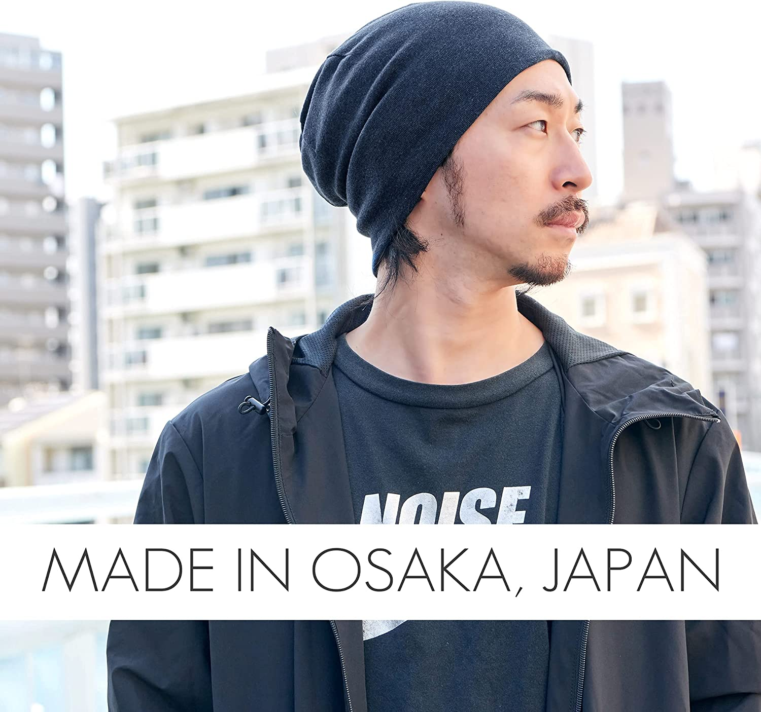 CHARM Organic Cotton Reversible Beanie - Made in Japan Slouchy Warm Knit Chemo Hat - Navy  Light Grey image number 7