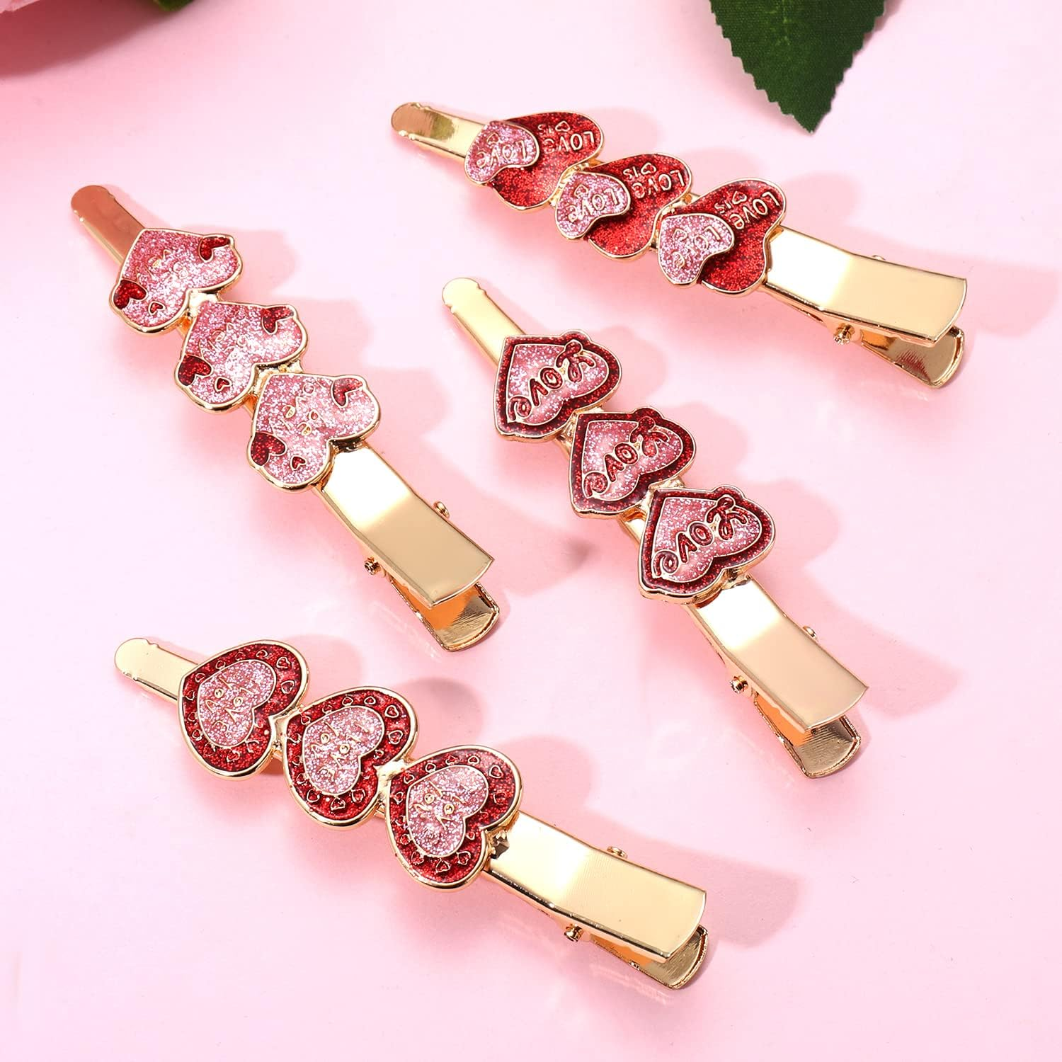 PHALIN 4PCS Valentine&rsquo;S Day Hair Clips Rhinestone Heart Hairpins for Women Sweet Love Alligator Clips Barrettes Sparkling Styling Hair Accessory (4PCS D) image number 4