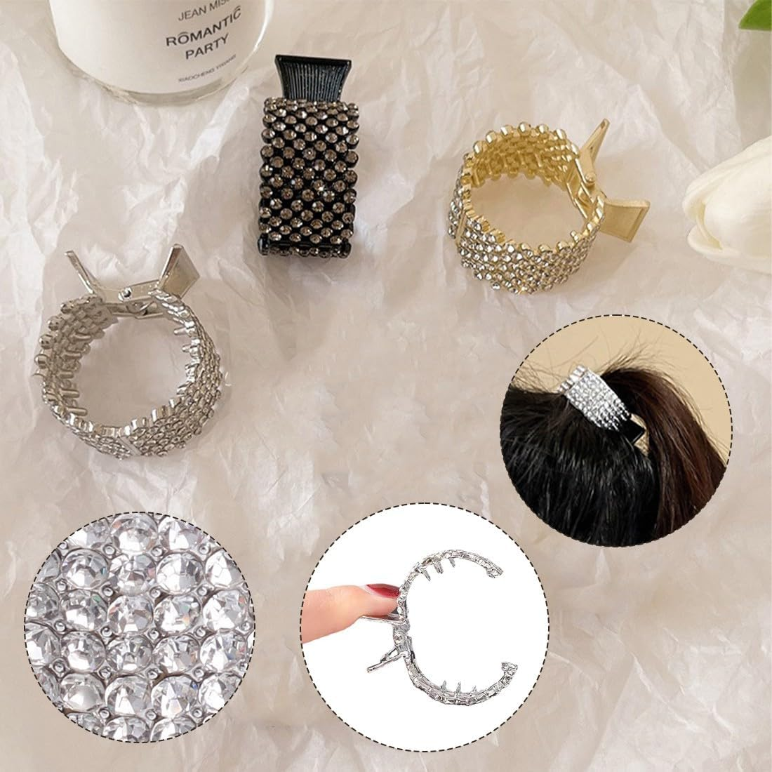 ZEPIQOR Pack of 3 Women'S Hair Clips Metal Rhinestone Hair Clips Holder High Ponytail Non-Slip Fashionable for Thick Thin Hair (Gold, Silver, Black) image number 1