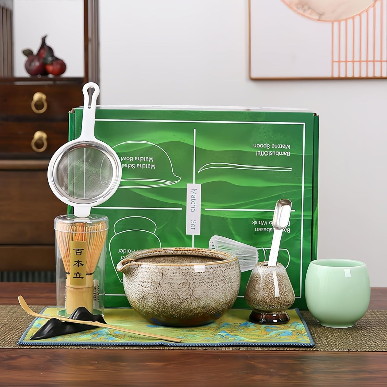 Matcha Whisk Set 9Pcs Matcha Bowl Sets Matcha Tea Bowl Bamboo Matcha Whisk Matcha Scoop Whisk Holder Scoop Holder Tea Cup Stainless Steel Tea Scoop Sifter Tea Cloth, Japanese Matcha Tea Kit