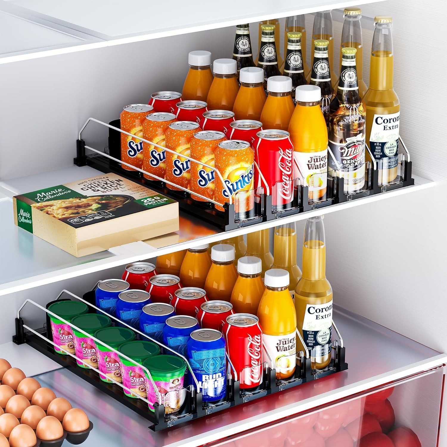 Mtxorvix Drink Organizer for Fridge, 5 Rows Soda Can Dispenser for Refrigerator, Automatic Glide Organizer for Refrigerator, Width Adjustable Drink Dispenser, Self - Pushing Soda Can Dispenser (Black)