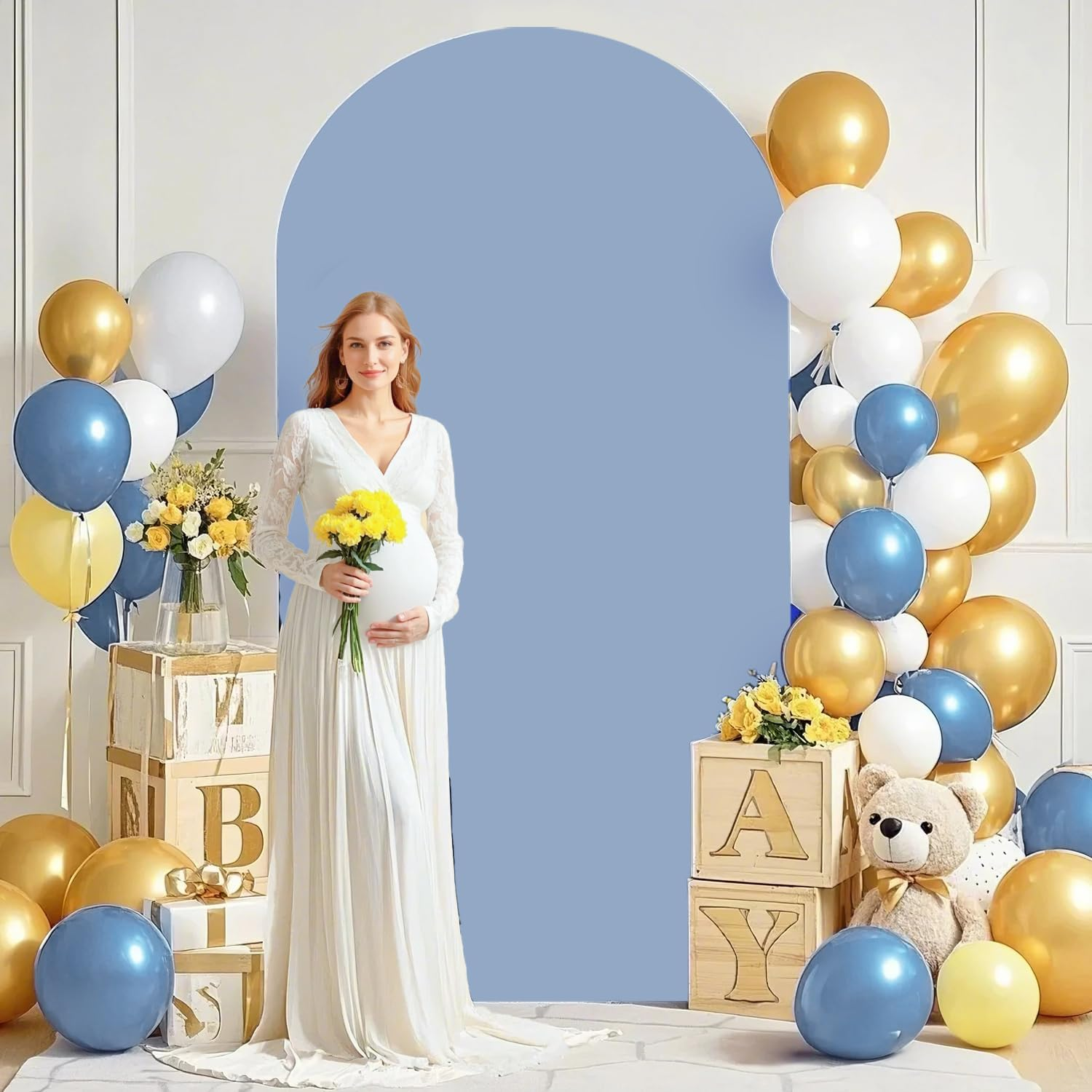 ROMANKAS Dusty Blue Wedding Arch Cover 7.2FT Arch Backdrop Covers Spandex Fitted Arch Covers Stretchy Backdrop Double Sided Stretch Arch Cover for Wedding Party Ceremony Decoration image number 4