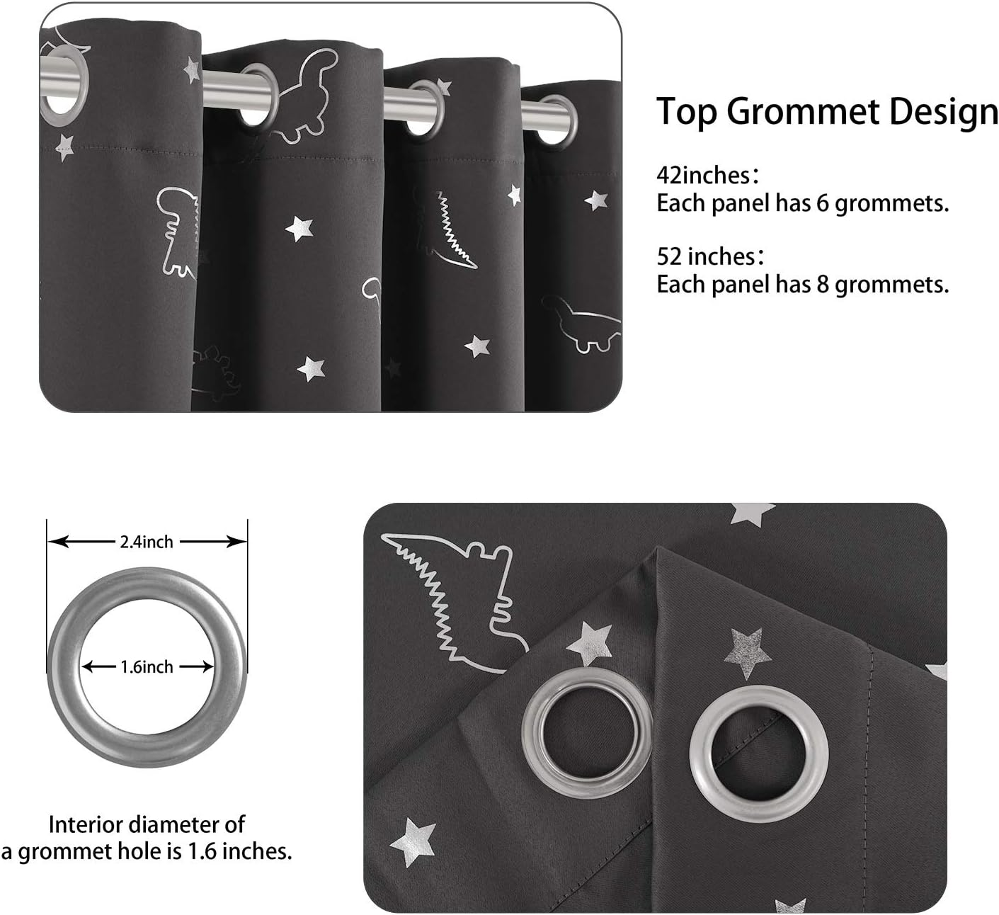 LORDTEX Dinosaur and Star Foil Print Blackout Curtains for Kids Room - Thermal Insulated Curtains Noise Reducing Window Drapes for Boys and Girls Bedroom, 42 X 63 Inch, Grey, Set of 2 Panels image number 2