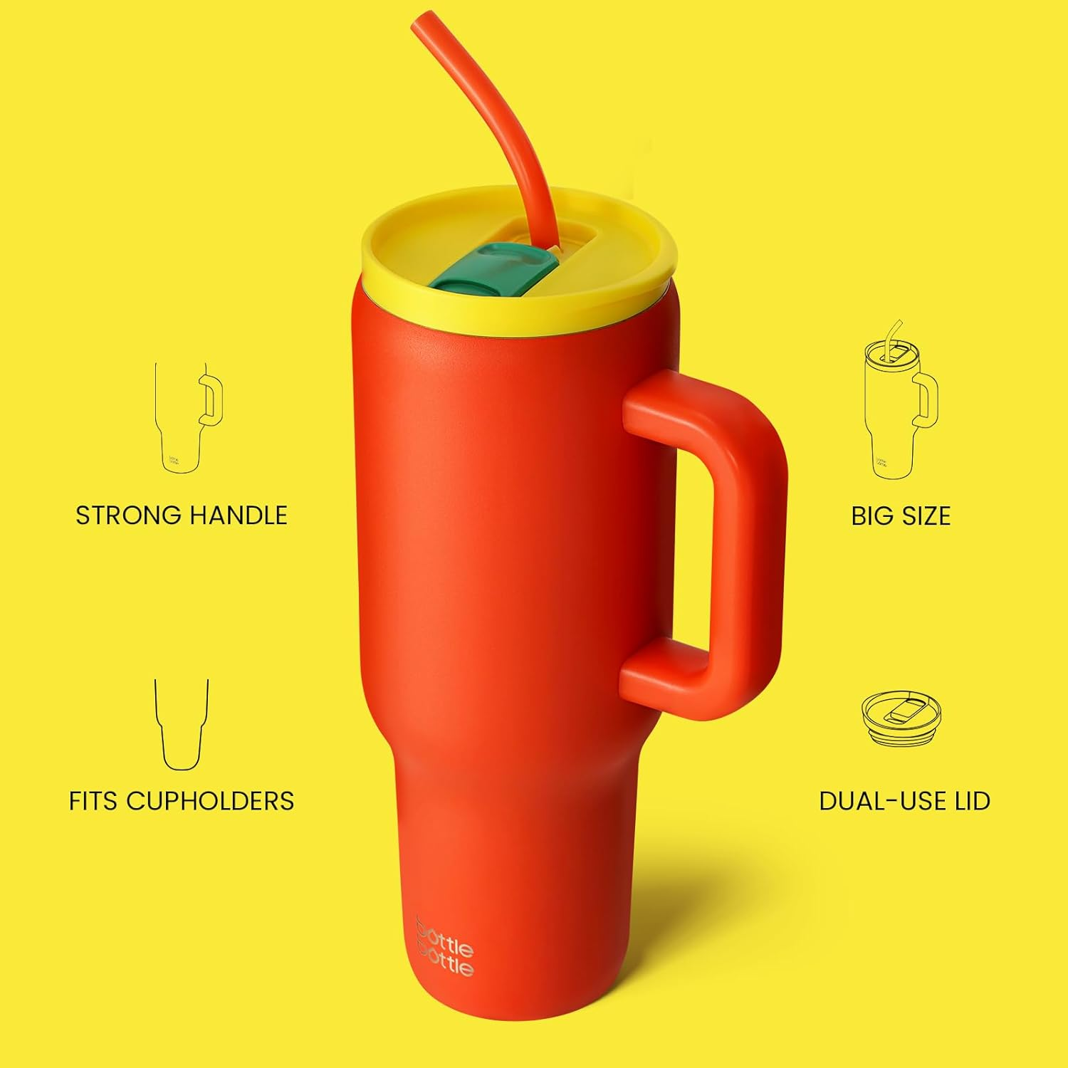 1Ml Bottle with Handle and Straw, Stainless Steel Vacuum Car Travel Mug with Straw, Stainless Steel Travel Mug for Gifts, Parties, Office, Coffee (Ocean Orange) image number 5