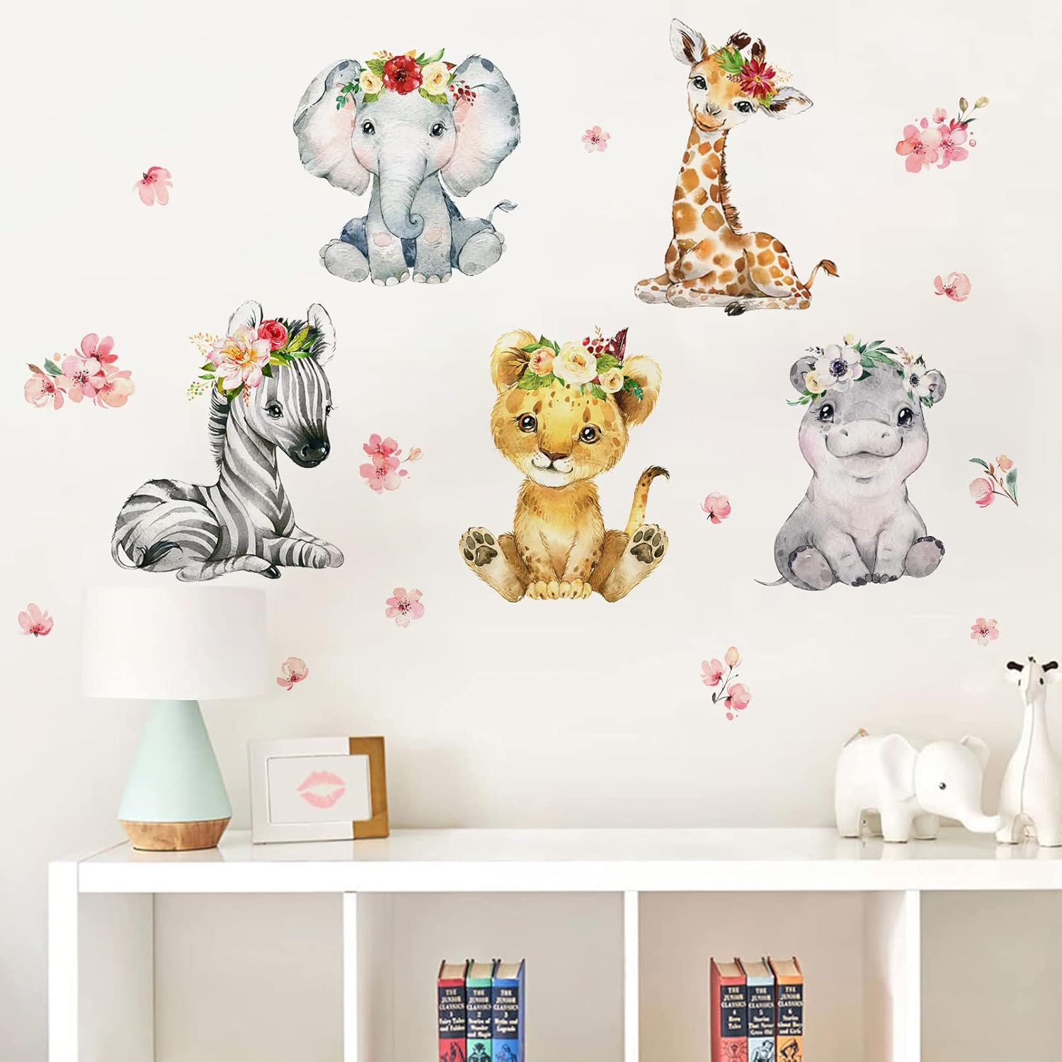 Mfault Girls Safari Jungle Baby Animals Wall Decals Stickers, African Elephant Zebra Giraffe Seahorse Lion Kids Room Nursery Decor, Watercolor Flower Decorations Toddler Bedroom Playroom Art Gift image number 3