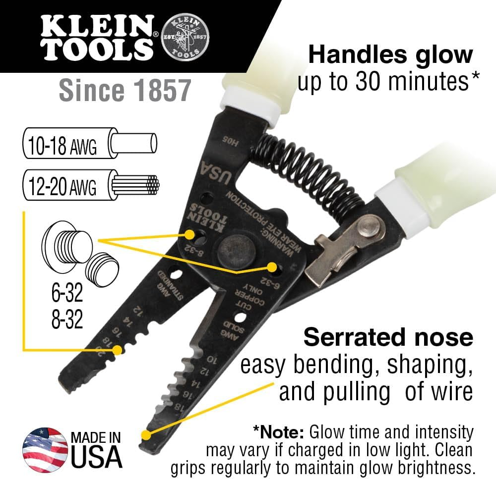 Klein Tools 11055GLW Wire Stripper/Cutter, Made in USA, Klein-Kurve Stripper/Cutter, 10-18 AWG Solid, 12-20 AWG Stranded Wire, Glow in the Dark Grips image number 5