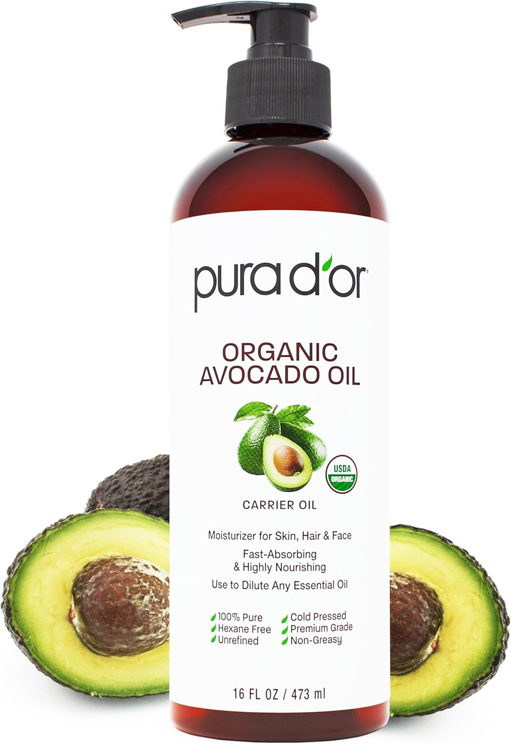 PURA D'OR 16 Oz ORGANIC Avocado Oil - 100% Pure & Natural USDA Certified Cold Pressed Carrier Oil for DIY Beauty, Non-Greasy, Unscented, Hexane Free Liquid Moisturizer - Face Skin & Hair - Men & Women image number 2