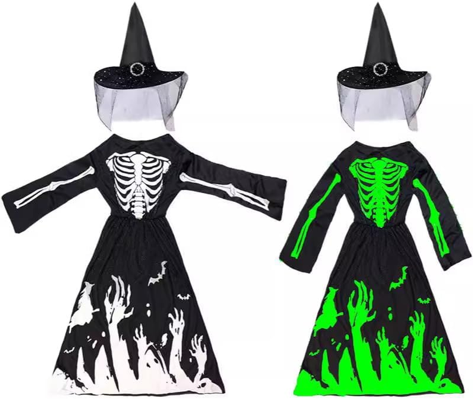 Halloween Skeleton Witch Costume with Pointed Hat,Glow in the Dark,Halloween Holiday Dress Long Sleeve for Girls image number 4