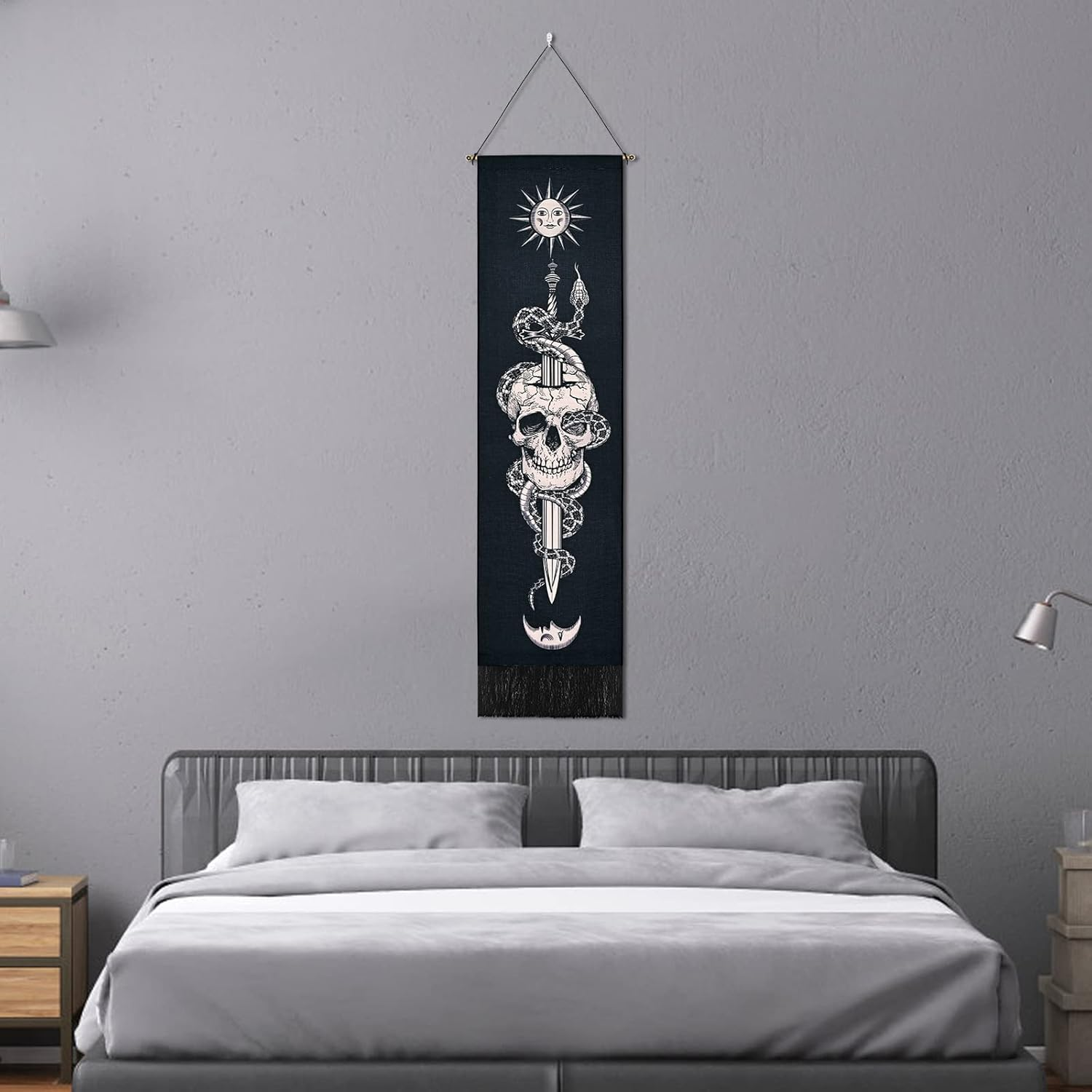 Uspring Skull Tapestry Sun and Moon Tapestry Skeleton Snake Tapestries Vertical Sword Tapestry Black and White Tapestry Wall Hanging for Room (Black, 12.8 X 51.2 Inches) image number 3