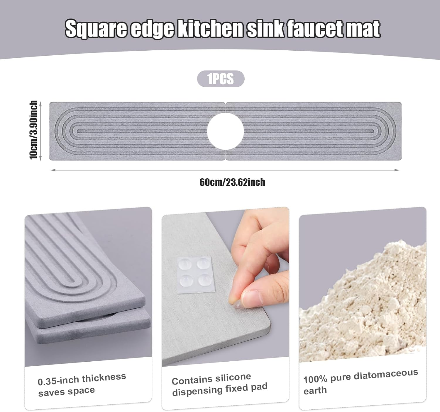 Kitchen Sink Faucet Mat, Square Edges 24 "Long Diatomaceous Earth Quick Drying Stone Tray Super Absorbent Build-Up Bathroom Diatom Mud Instant Water Absorbing Counter Faucet Splash Guard (Light Gray) image number 3