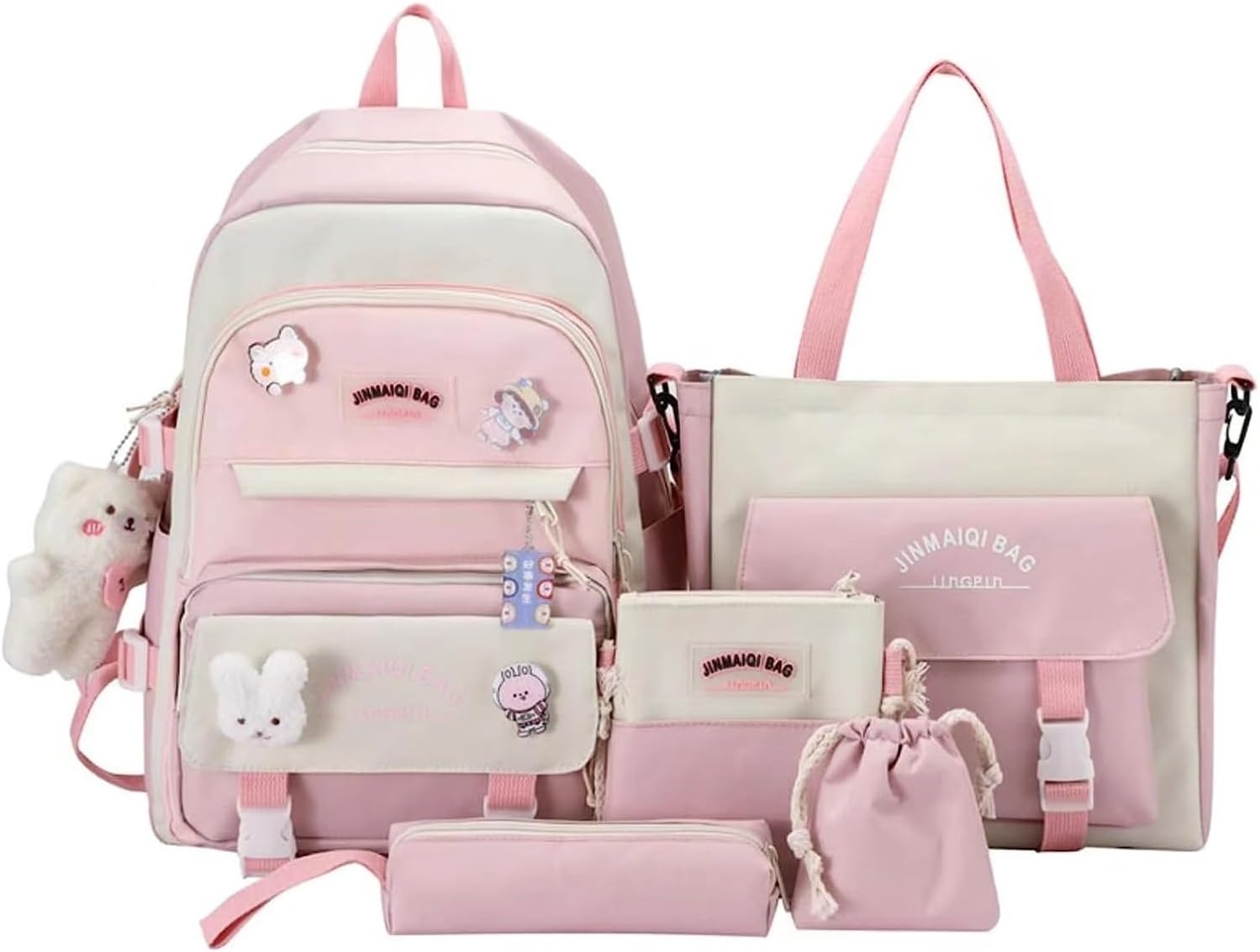 5 Pcs Cute Aesthetic Backpack Set with Pins and Pendant Kawaii Japanese Backpack College Laptop Bookbag Preppy Backpack