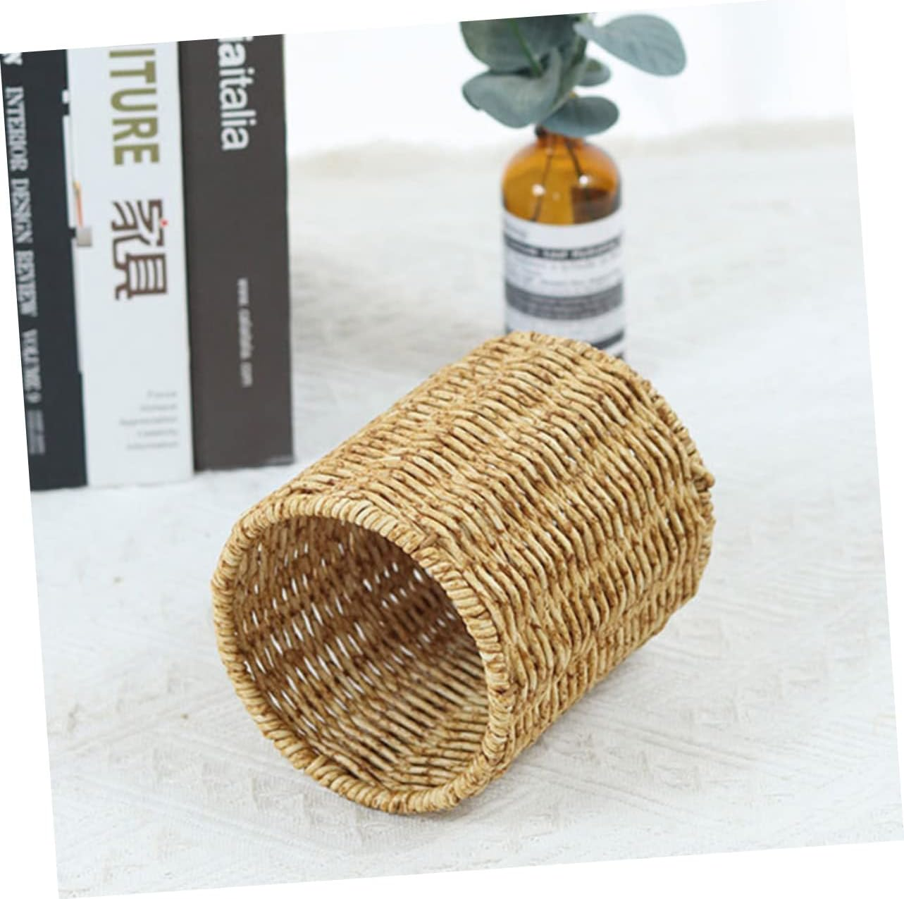 STOBOK 3Pcs round Pen Pot Imitation Rattan Pencil Holder for Desk Stylish Gel Pen Container Cute Pencil Pot for Home Office Use image number 1