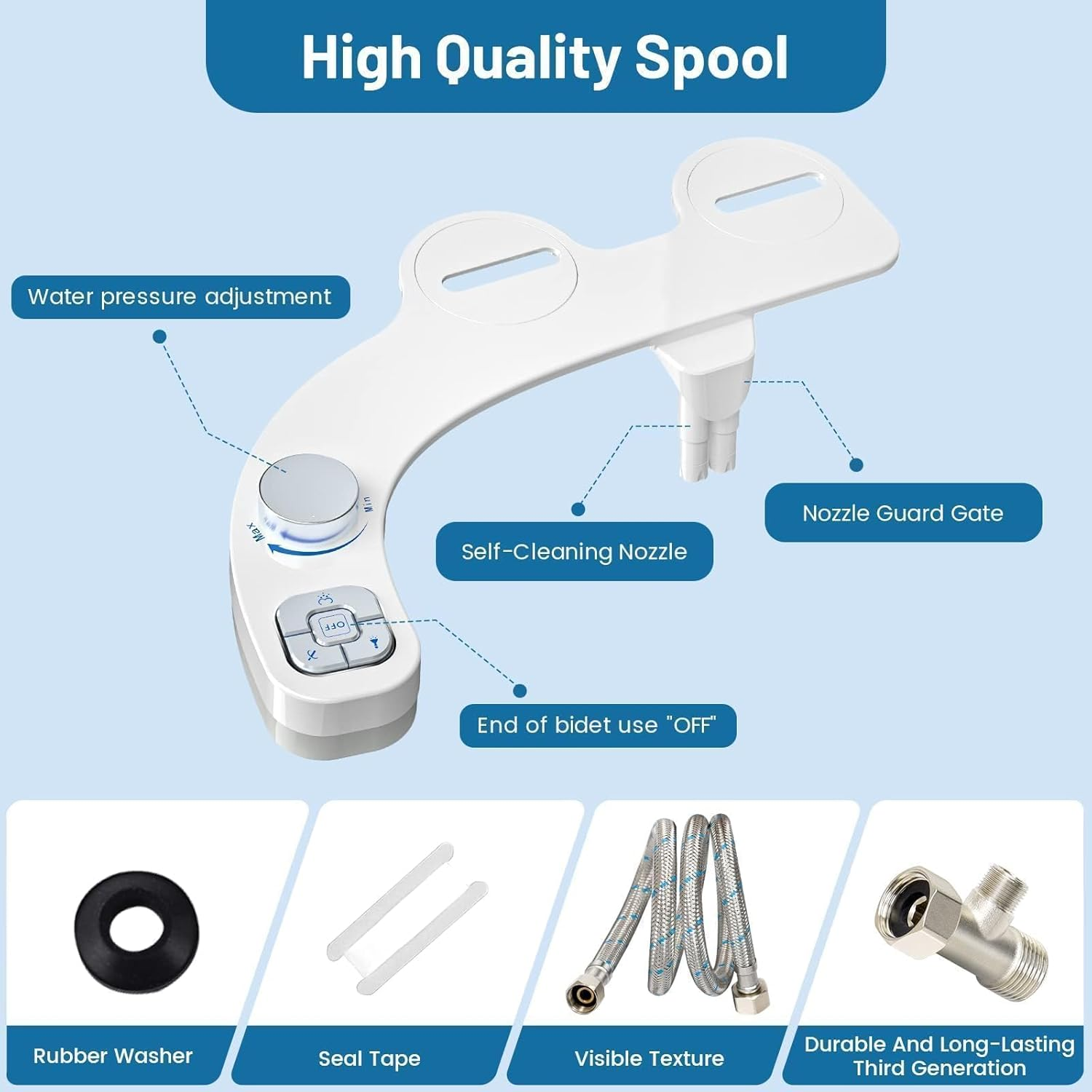 Bidet Attachment for Toilet - Non-Electric Ultra-Slim Push-Button Bidet with Self-Cleaning Dual Nozzle (Frontal & Rear Wash) - Bidet Toilet Seat Attachment (Chrome 1) - White image number 7